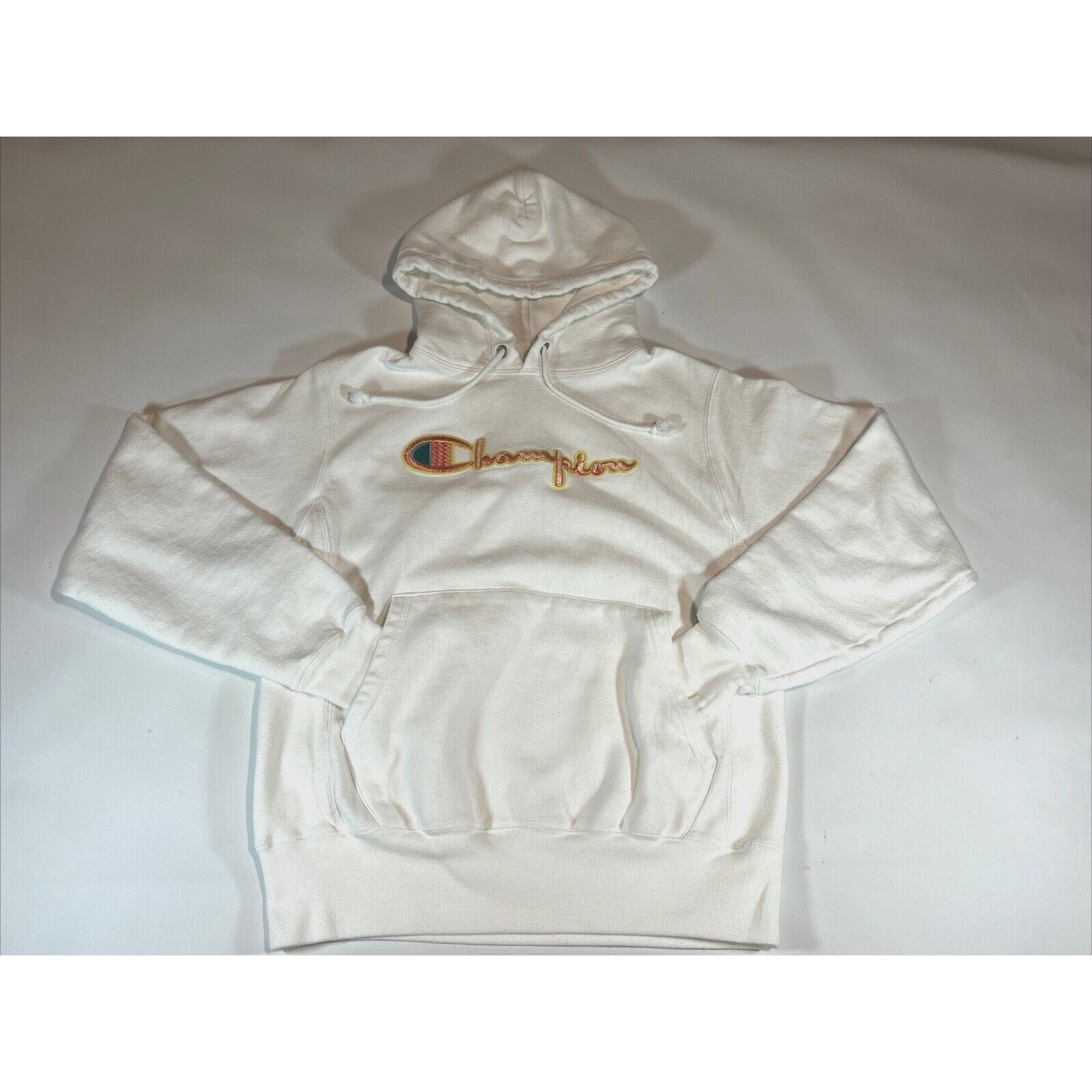 Champion Reverse Weave Sweatshirt Men’s Small White Pullover Hoodie Embroidered