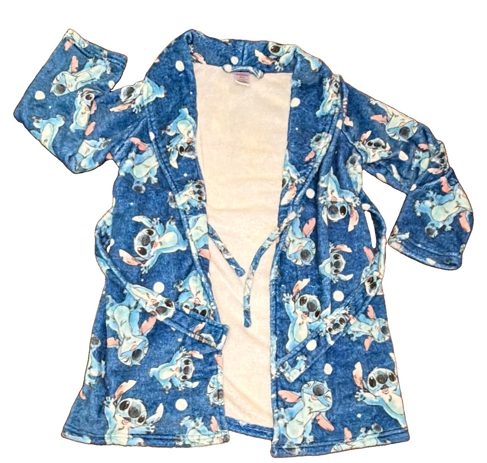 Disney Lilo & Stitch Girls Robe Size S 6/6X Blue Fleece Tie Belt Bathrobe