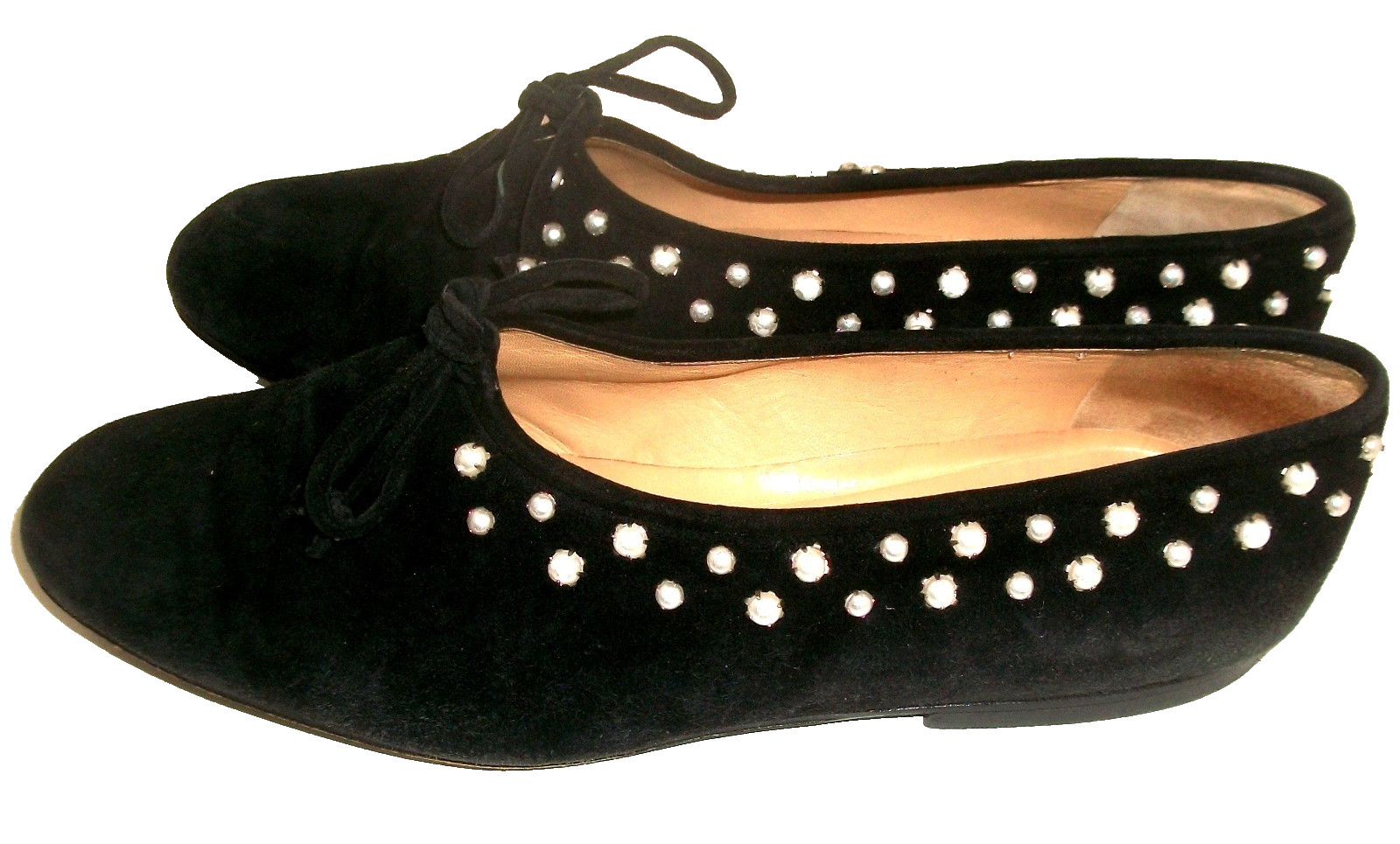 Vintage Maud Frizon Paris Black Suede Flats with White Pearl Detail 9M 39M