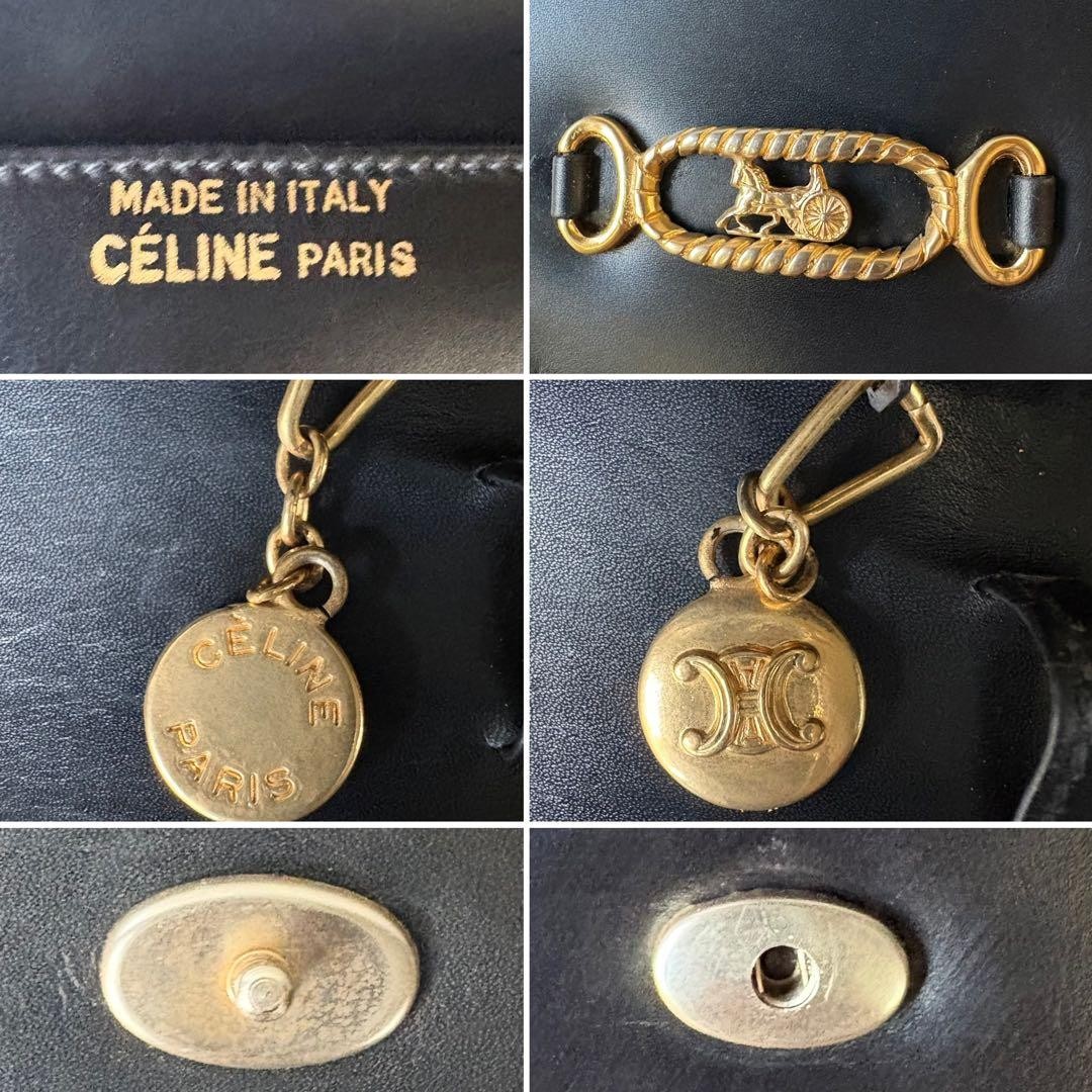 Celine Chain Shoulder Bag Leather Black Horse Carriage Hardware