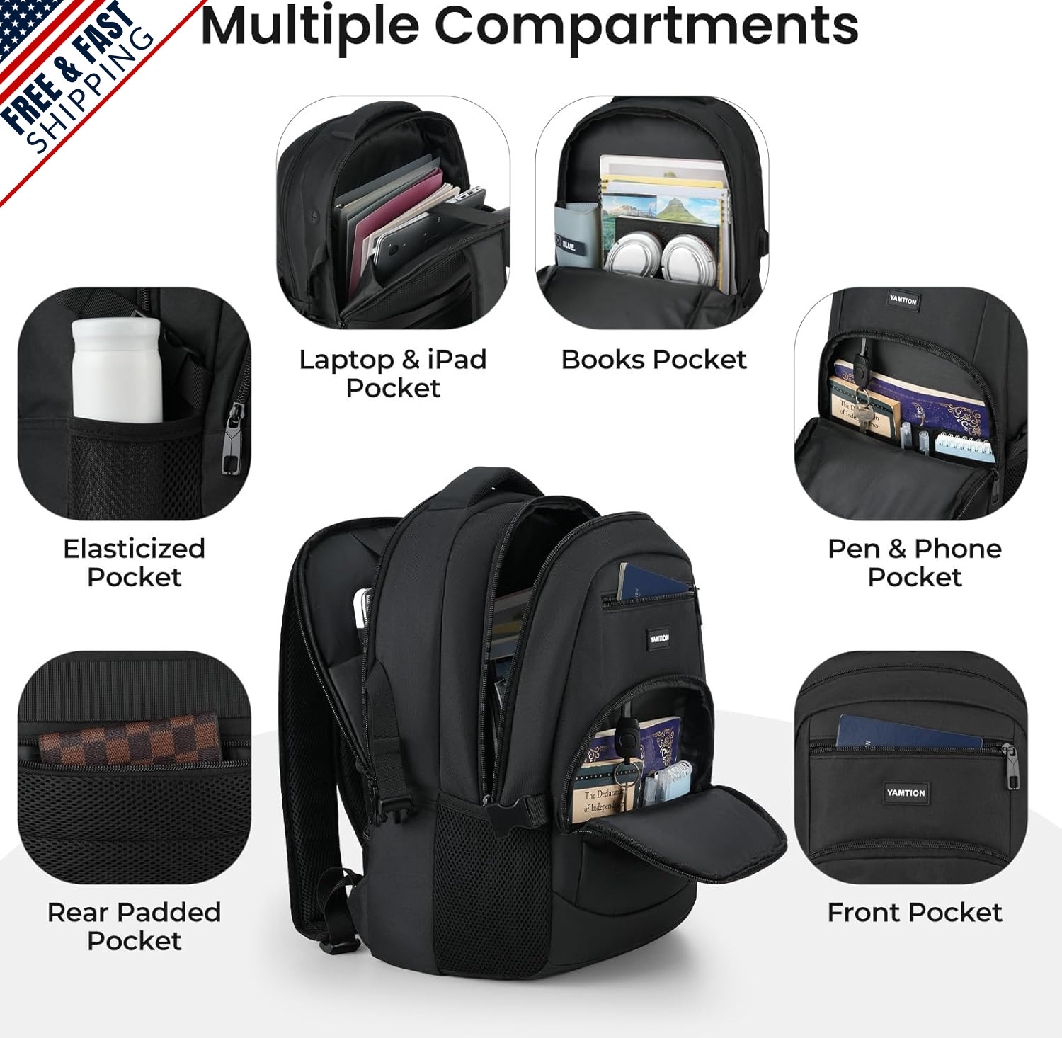 Lightweight Black Laptop Backpack for Men and Women, Fits 15.6″ Laptops