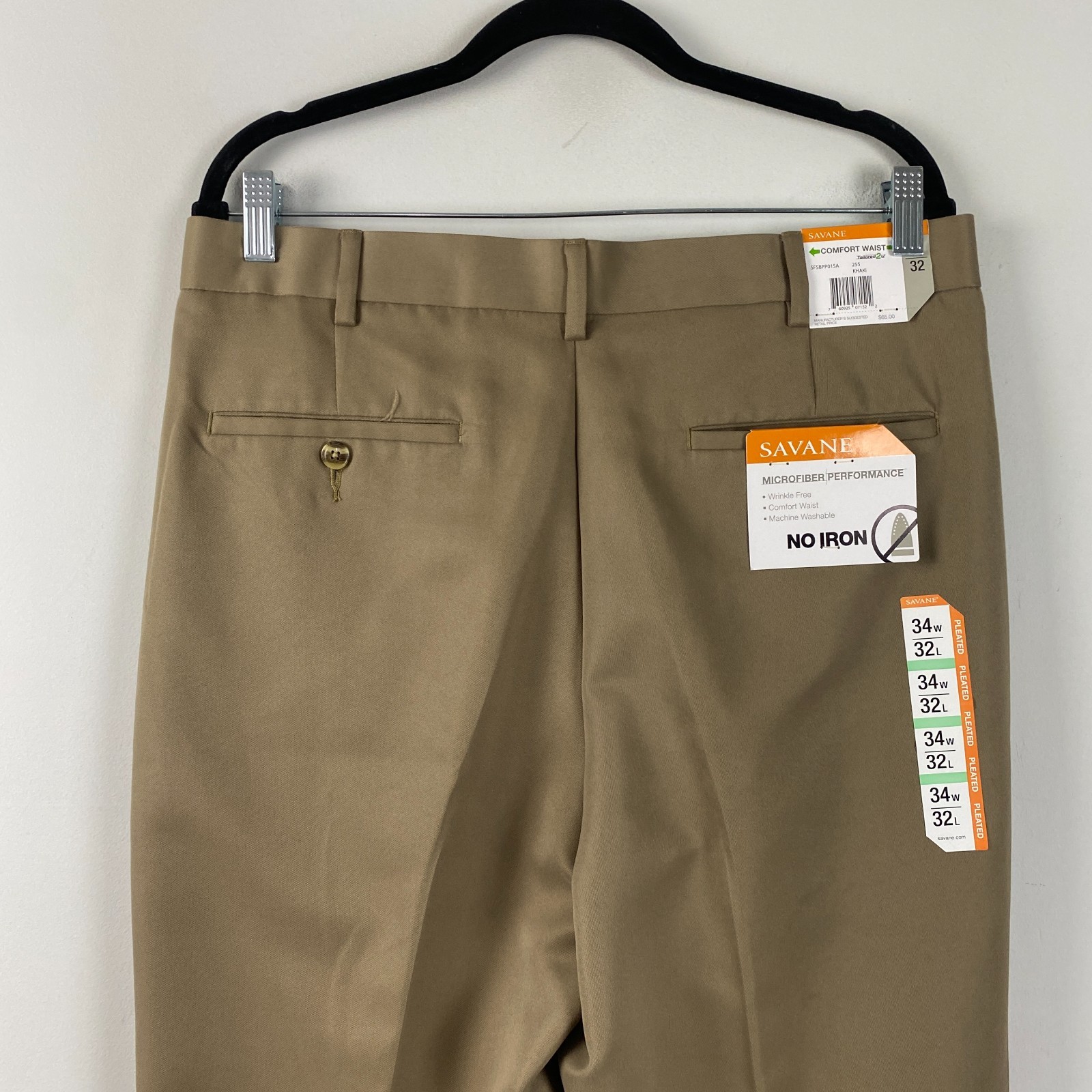 Savane Pleated Cuffed No Iron Performance Pants Size 34×32 Khaki Comfort Waist