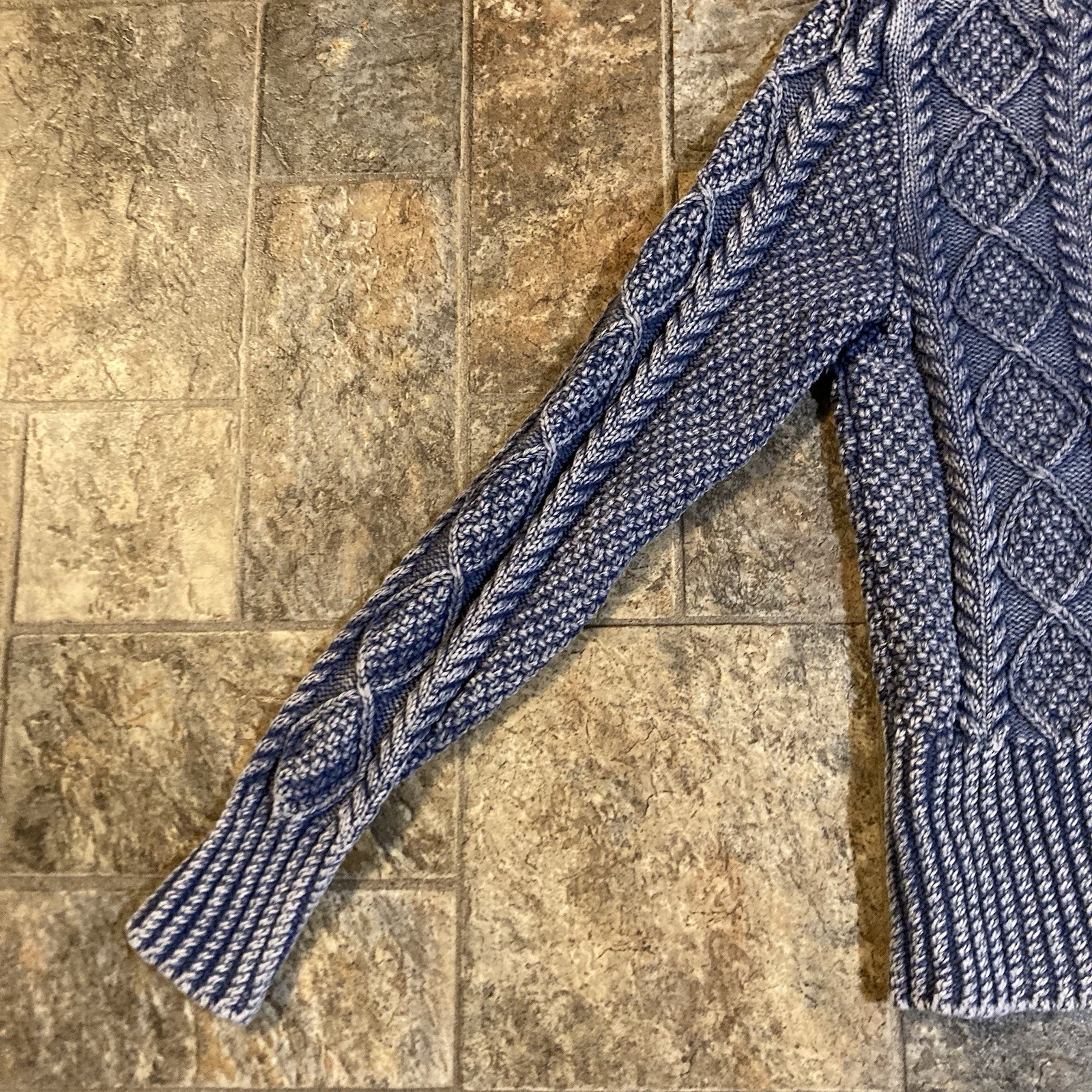 LL Bean Signature Blue Cable Knit Cotton Fisherman Cardigan Sweater Size Small