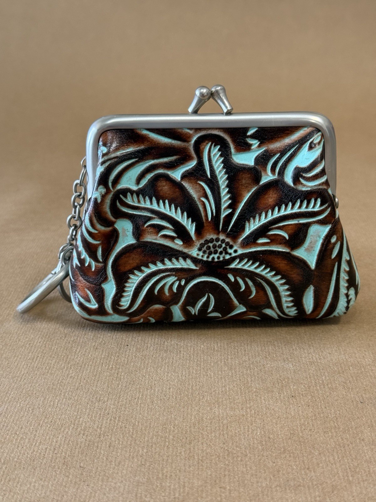Patricia Nash Brown & Blue Western Floral Coin Wallet Keychain for Women