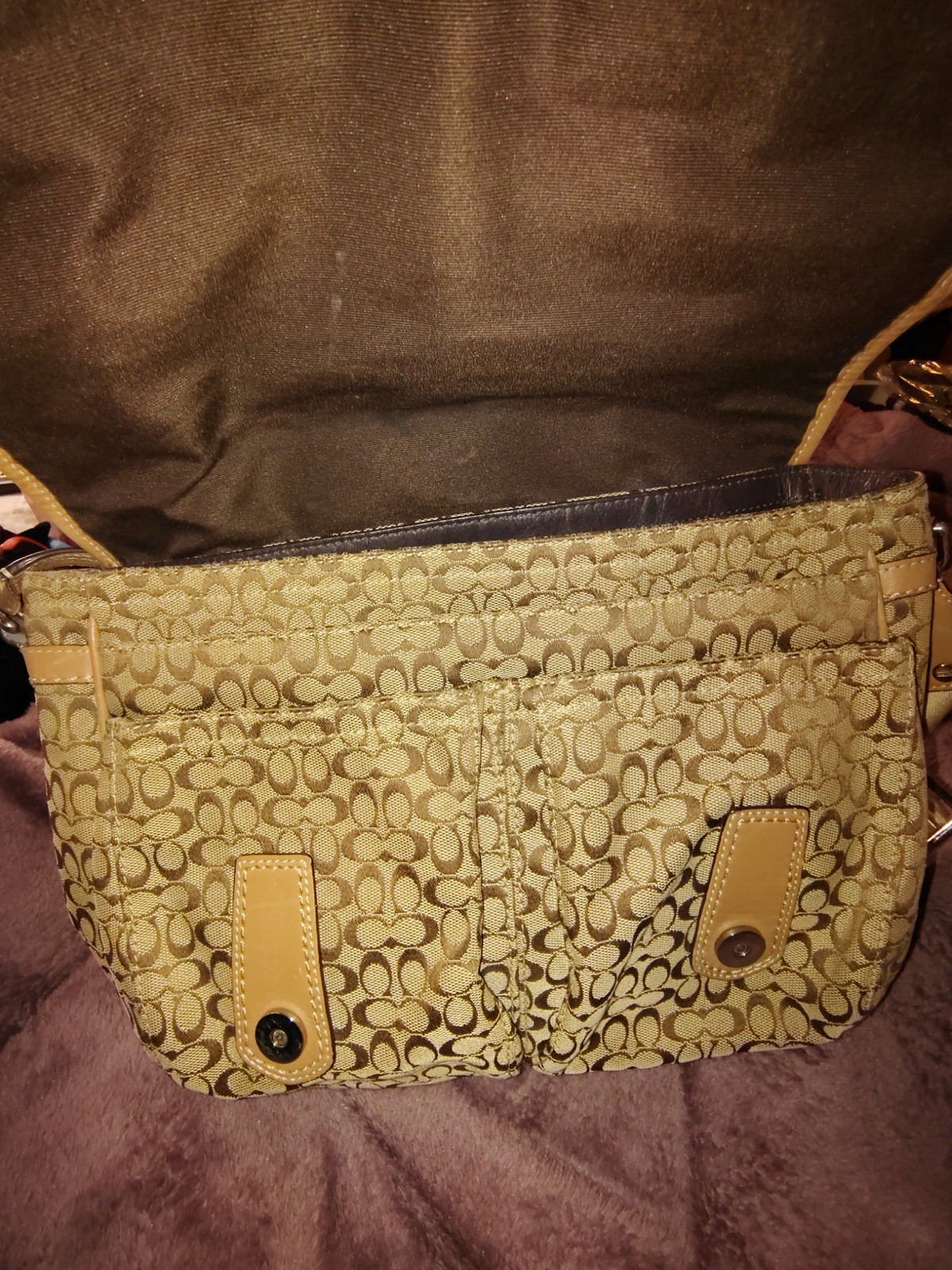 Coach Signature Khaki Brown Tan Canvas & Leather Voyager Messenger Bag F70183