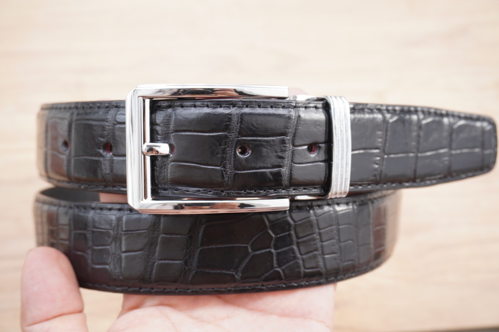 W 1.3 inch – Black Genuine Crocodile Belly Leather Skin Men’s Belt