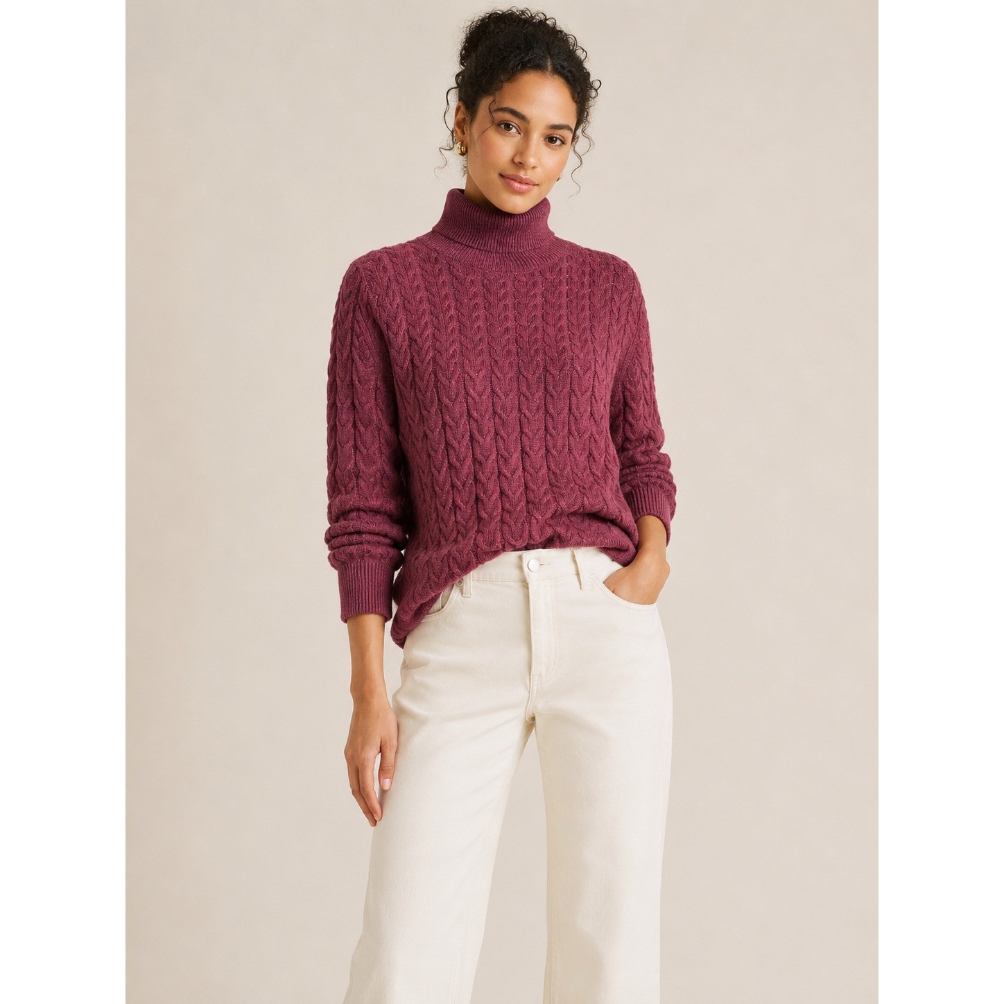 J. Jill Cable Knit Turtleneck Women Large Berry Burgundy Silk Blend Classic Cozy