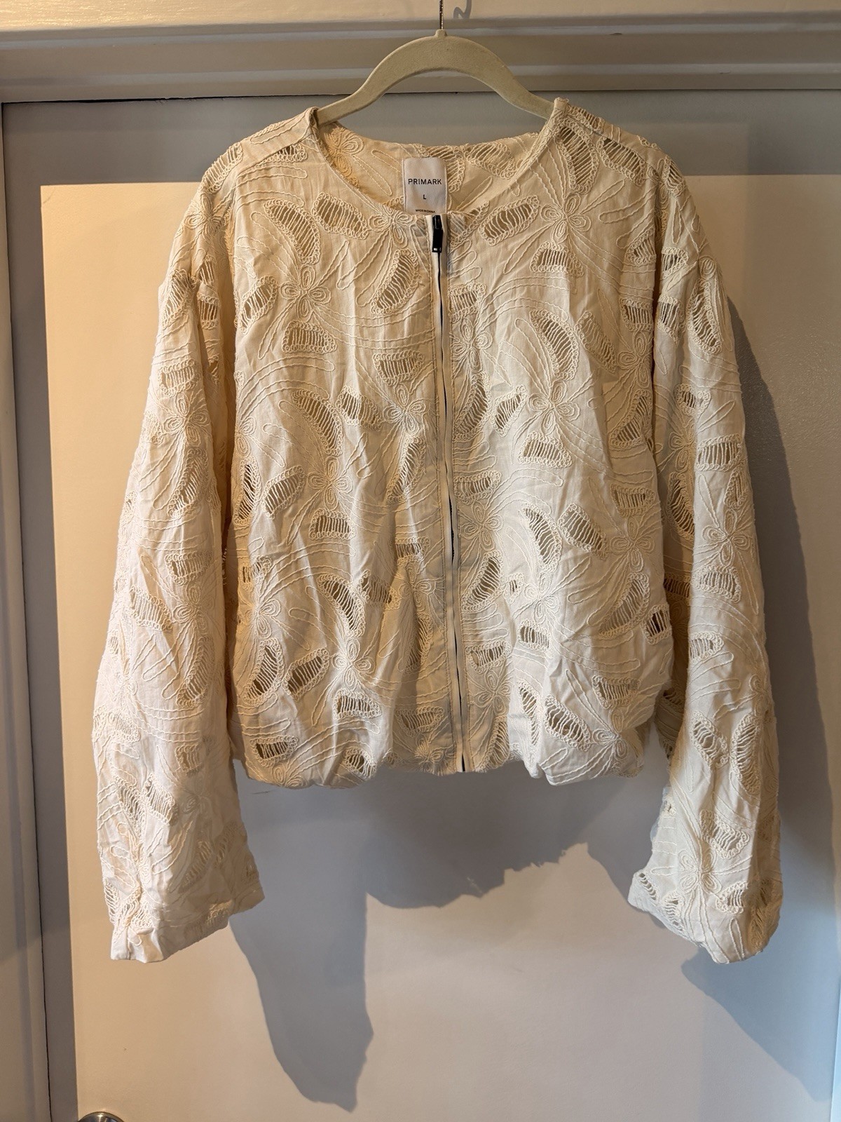 Women’s Beige Floral Embroidered Zip Front Short Jacket Size L