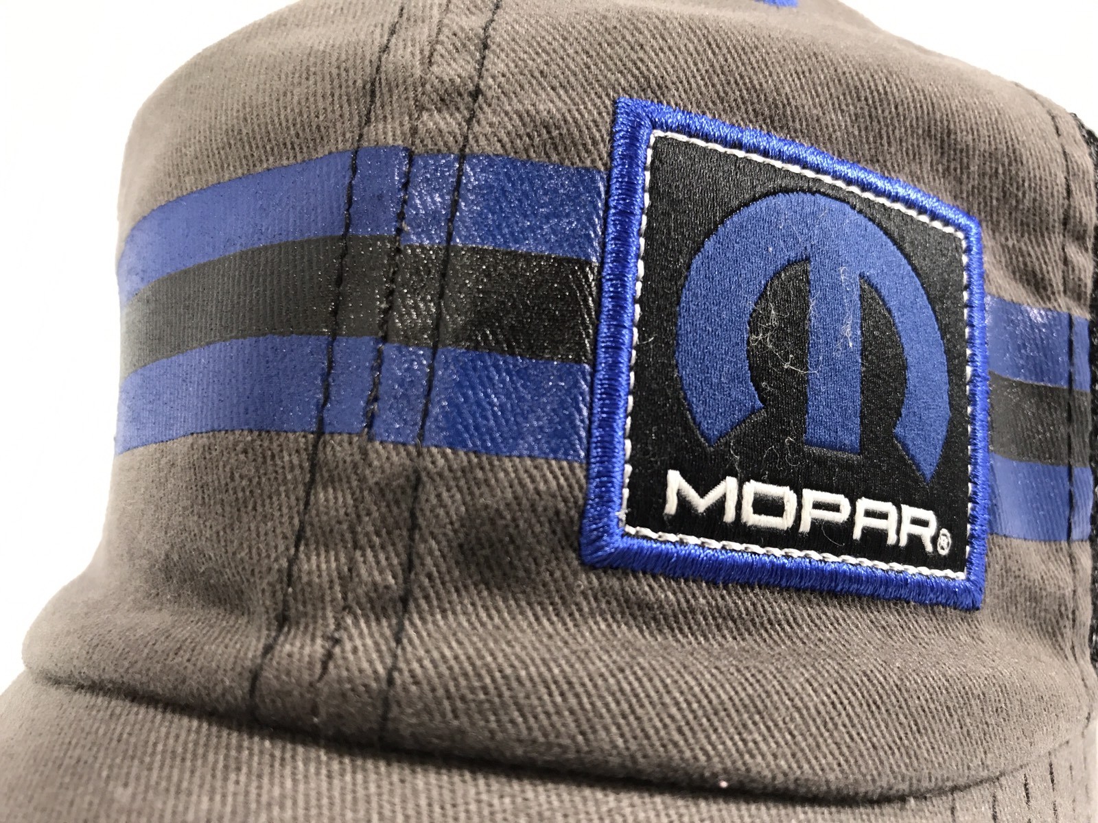 Gray & Black Hat / Cap w/ Blue Mopar “M” Logo / Emblem w/ Black & Blue Stripe