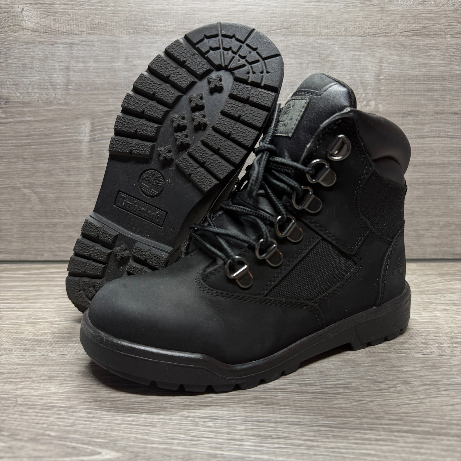Timberland Field Boots Kids Boys Size 1.5 Black Nubuck Leather Lace Up