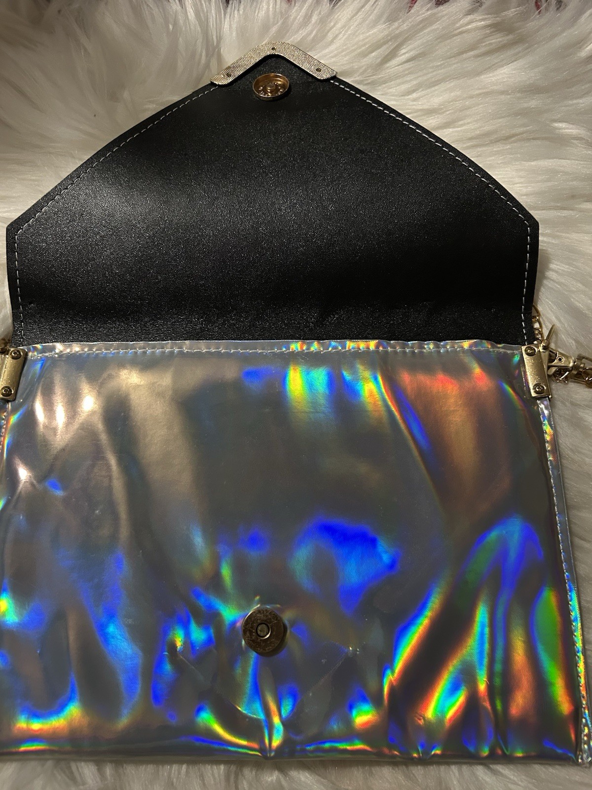 Holographic Silver Iridescent Envelope Crossbody Bag Gold Chain Strap Magnetic