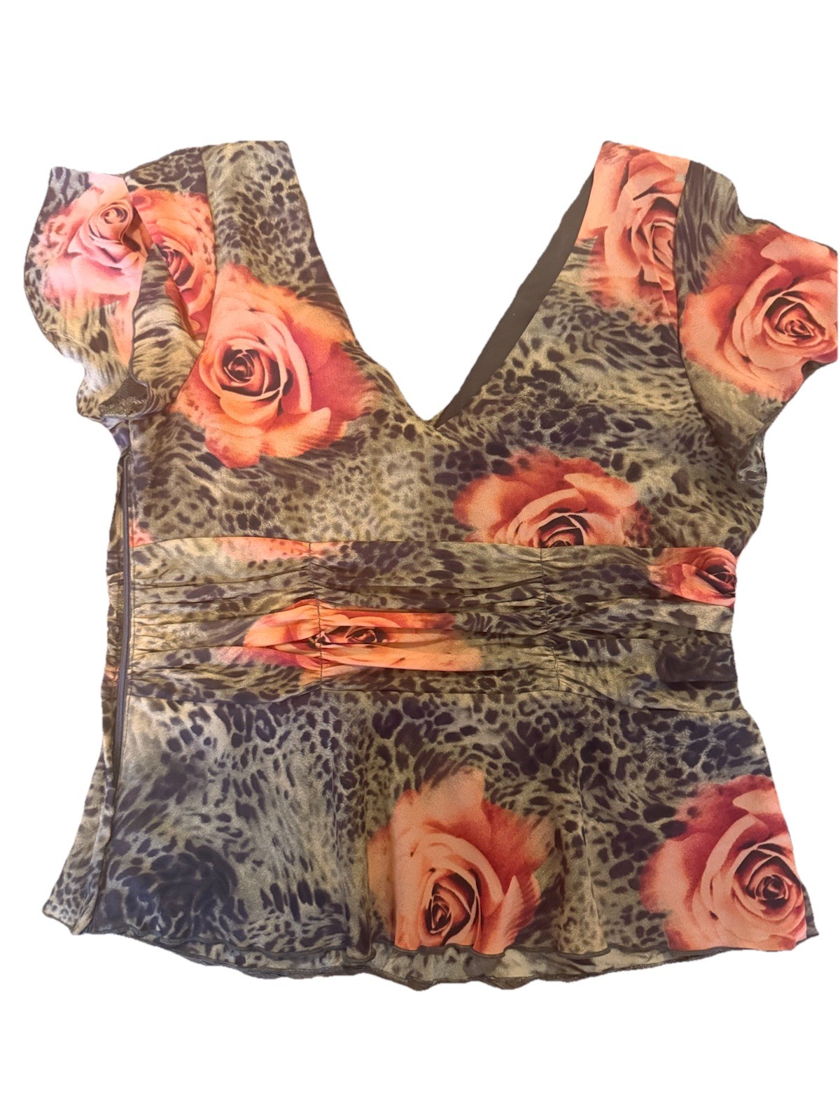 VTG Y2K Made In USA Mixed Print Floral Leopard Rose Top M/L