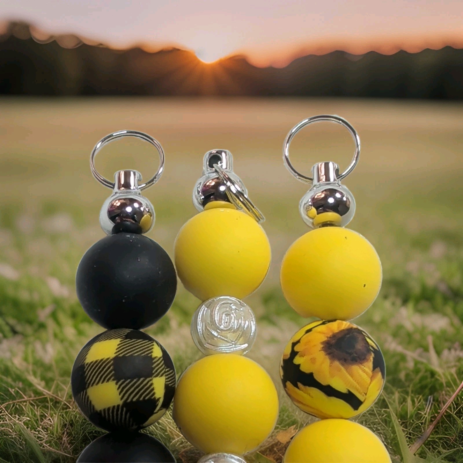 Yellow Black Silver Beaded Key Chain w/ Lobster Clasp Plaid Floral Beads