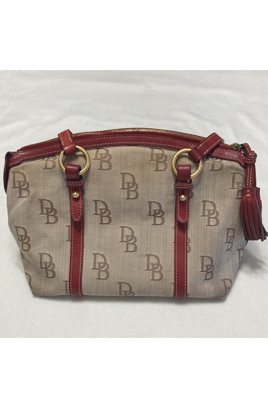 Dooney & Bourke Monogram Satchel Top Handle Zip Tassel Red Lined Gold