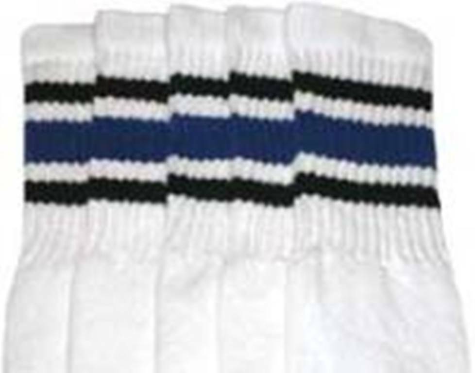 22” KNEE HIGH WHITE tube socks with BLACK/ROYAL BLUE stripes style 3 (22-3)