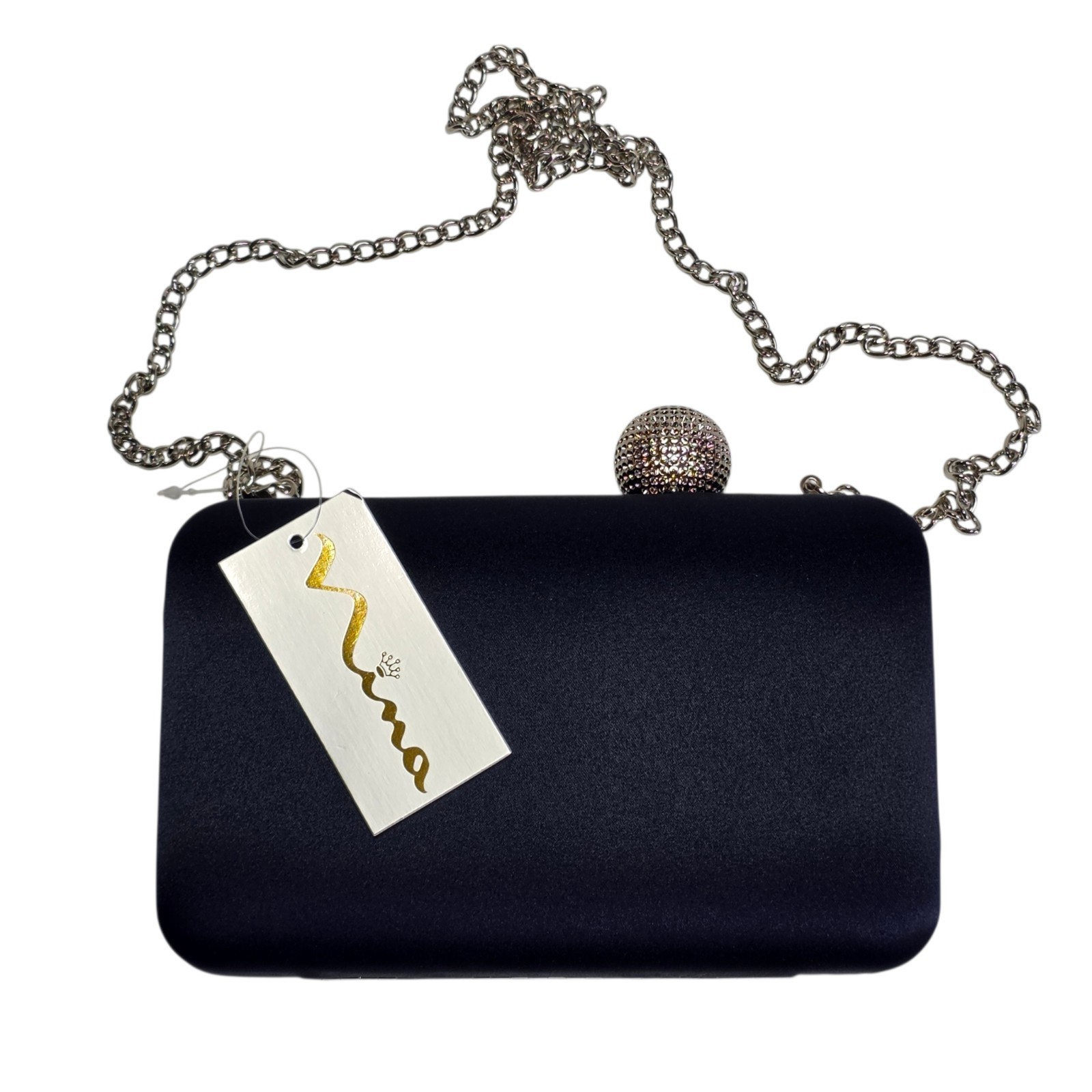Nina Crystal Clasp Satin Minaudiere Evening Clutch Navy NWT