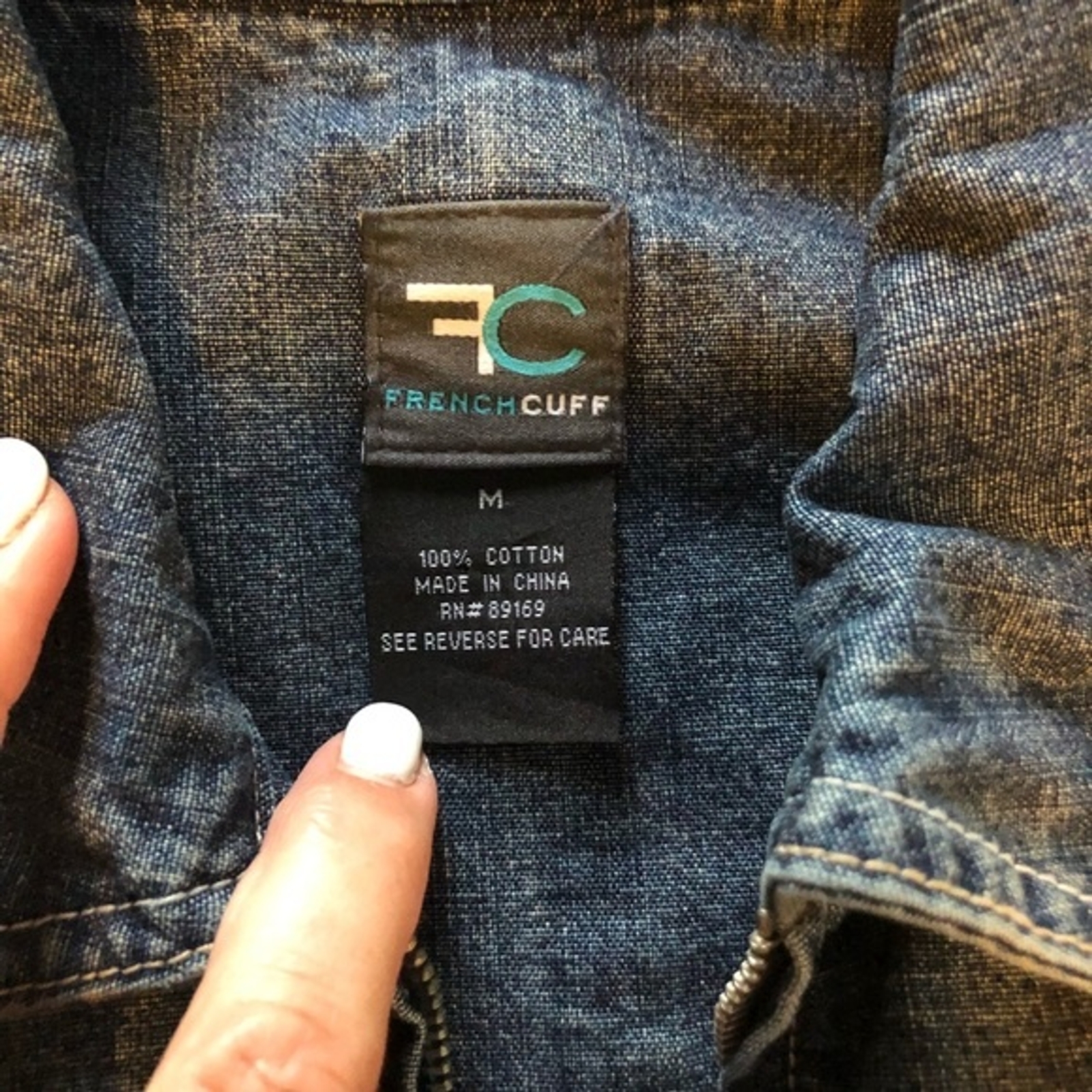 French Cuff jean jacket, size Medium, 100% cotton, 2 front pockets