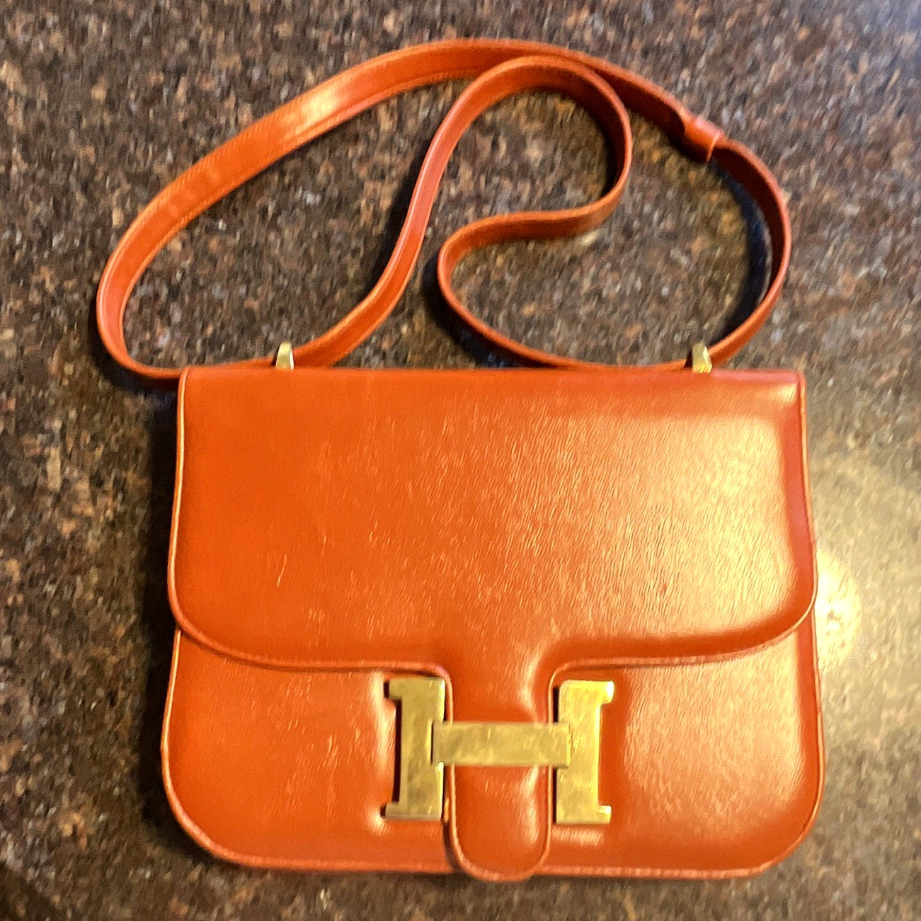 Women’s Brown Crossbody Bag Gold Hardware Buckle Closure Logo Accent Rectangle