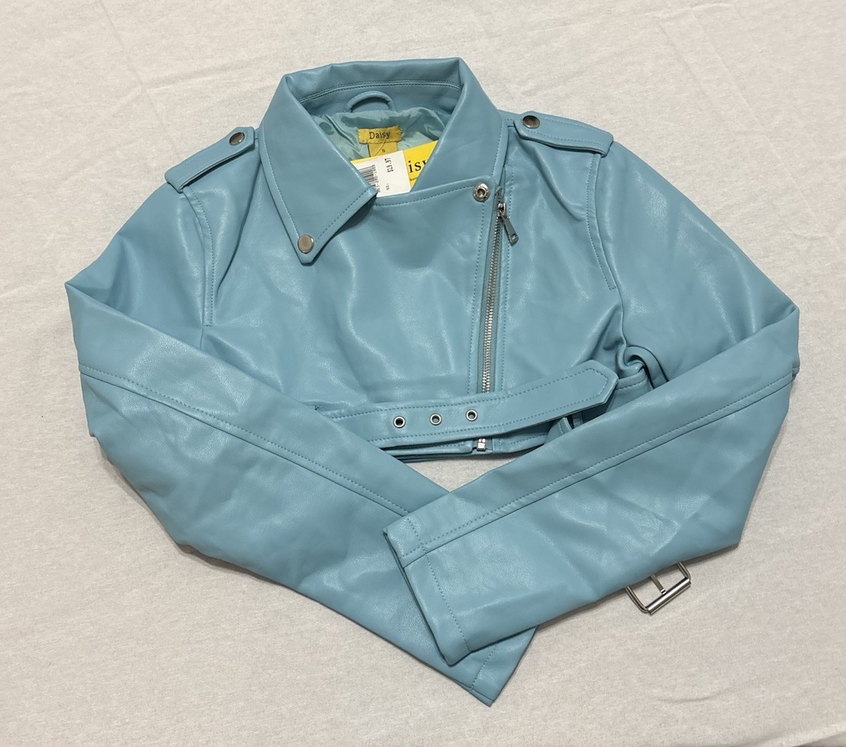 Daisy Blue Cropped Biker Jacket Belted Zipper Epaulette Women’s Size S F18