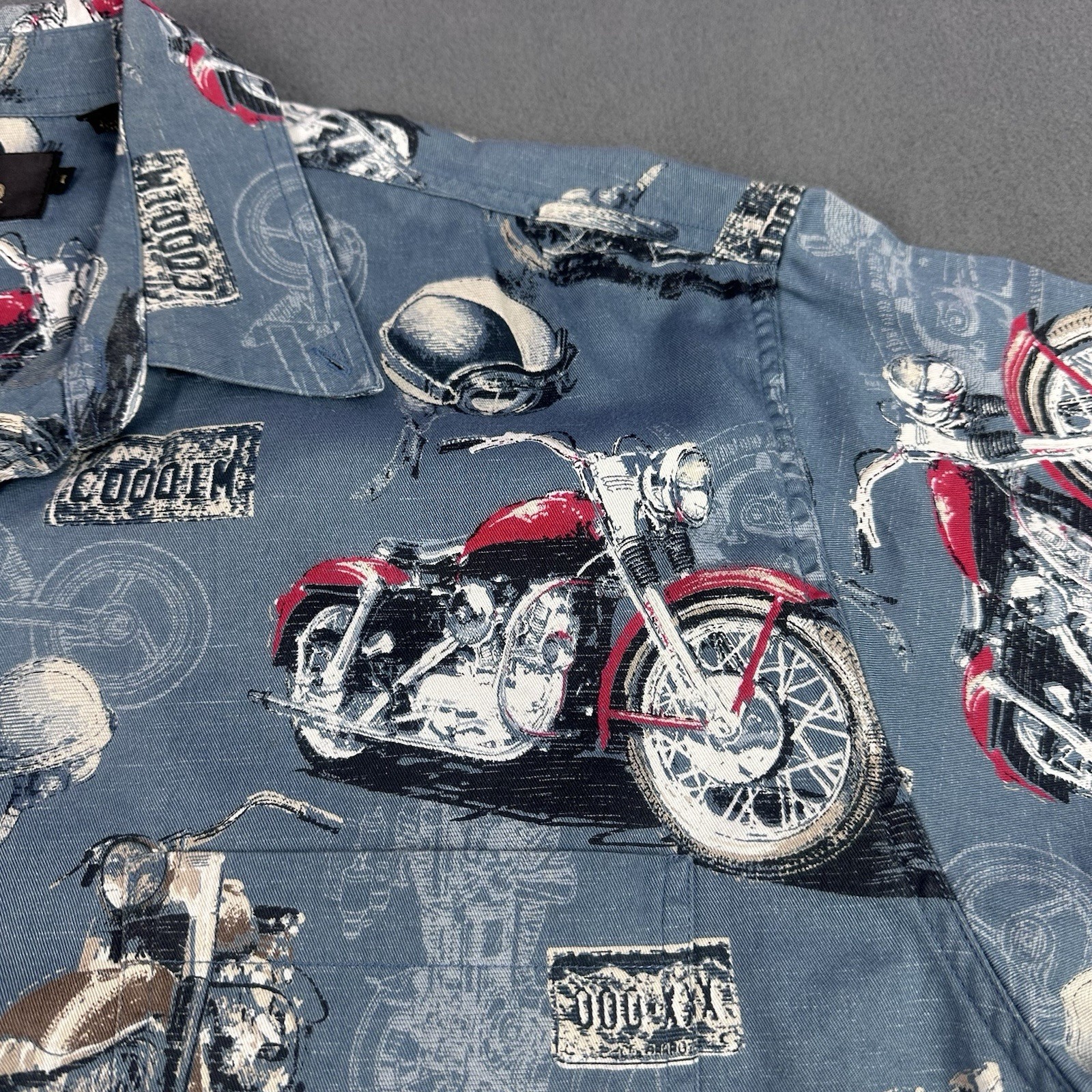 Redhead Motorcycle Camp Shirt Slate Blue Novelty Print Cotton Preowned