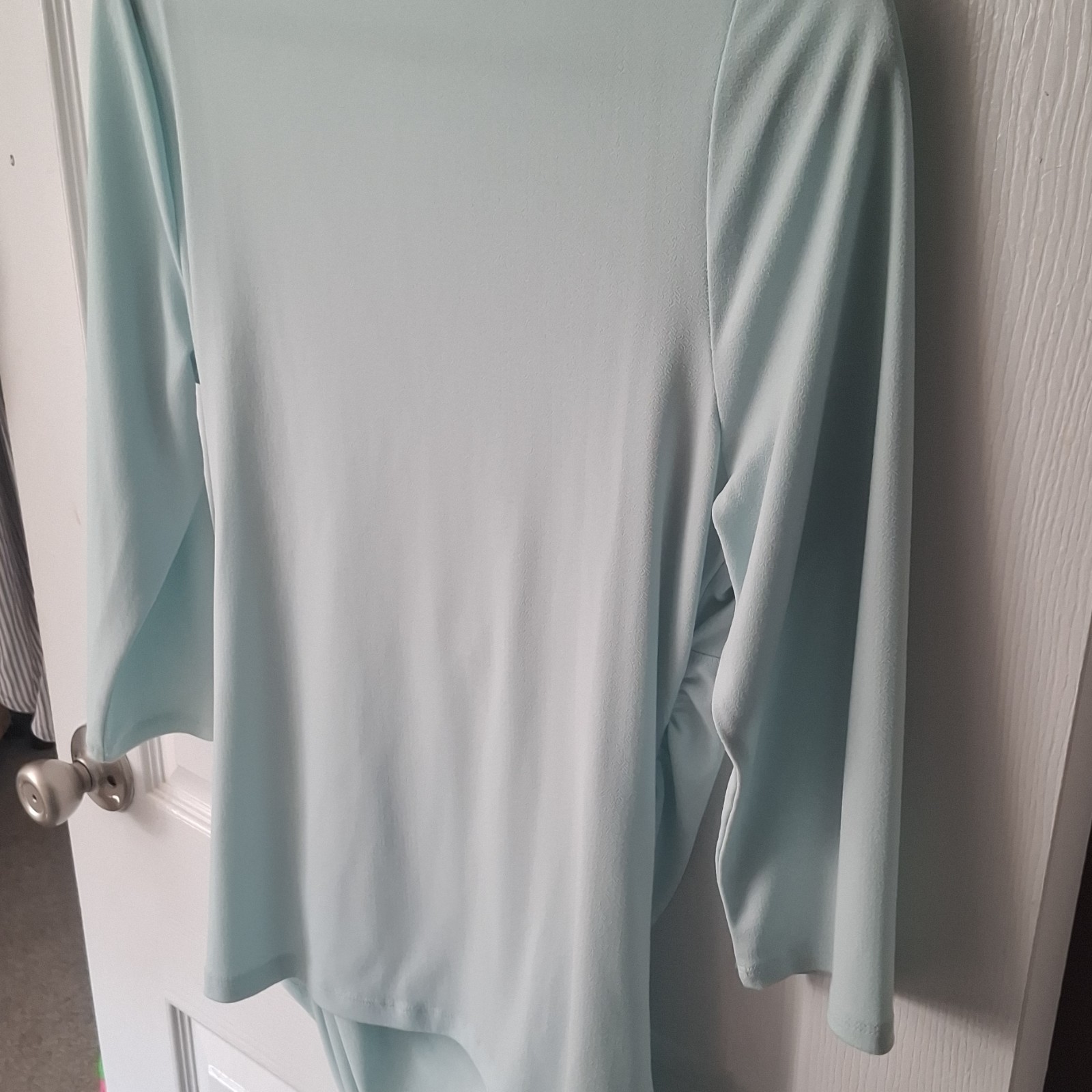 Ann Taylor Light Blue Ruched Knit Stretch Round Neck Long Sleeve Mini Dress L