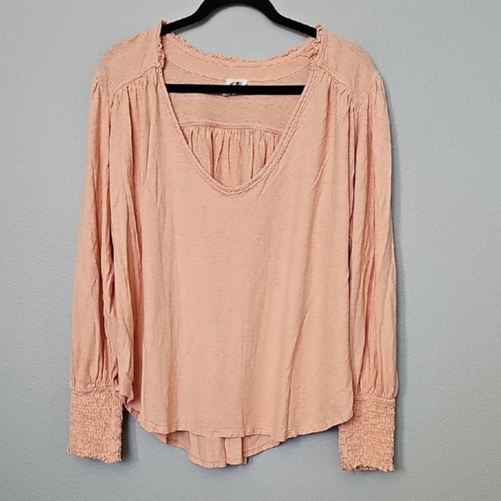 We the Free Large Oversized Peach Long Sleeve Smocked Wrist Hemp Blend Top