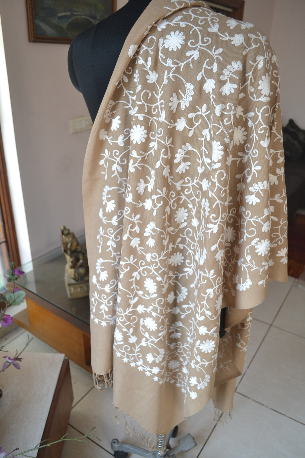 KASHMIRI PASHMINA ~FLORAL CREWEL ALL EMBROIDERY STOLE~CASHMERE :3 COLOR CHOICE