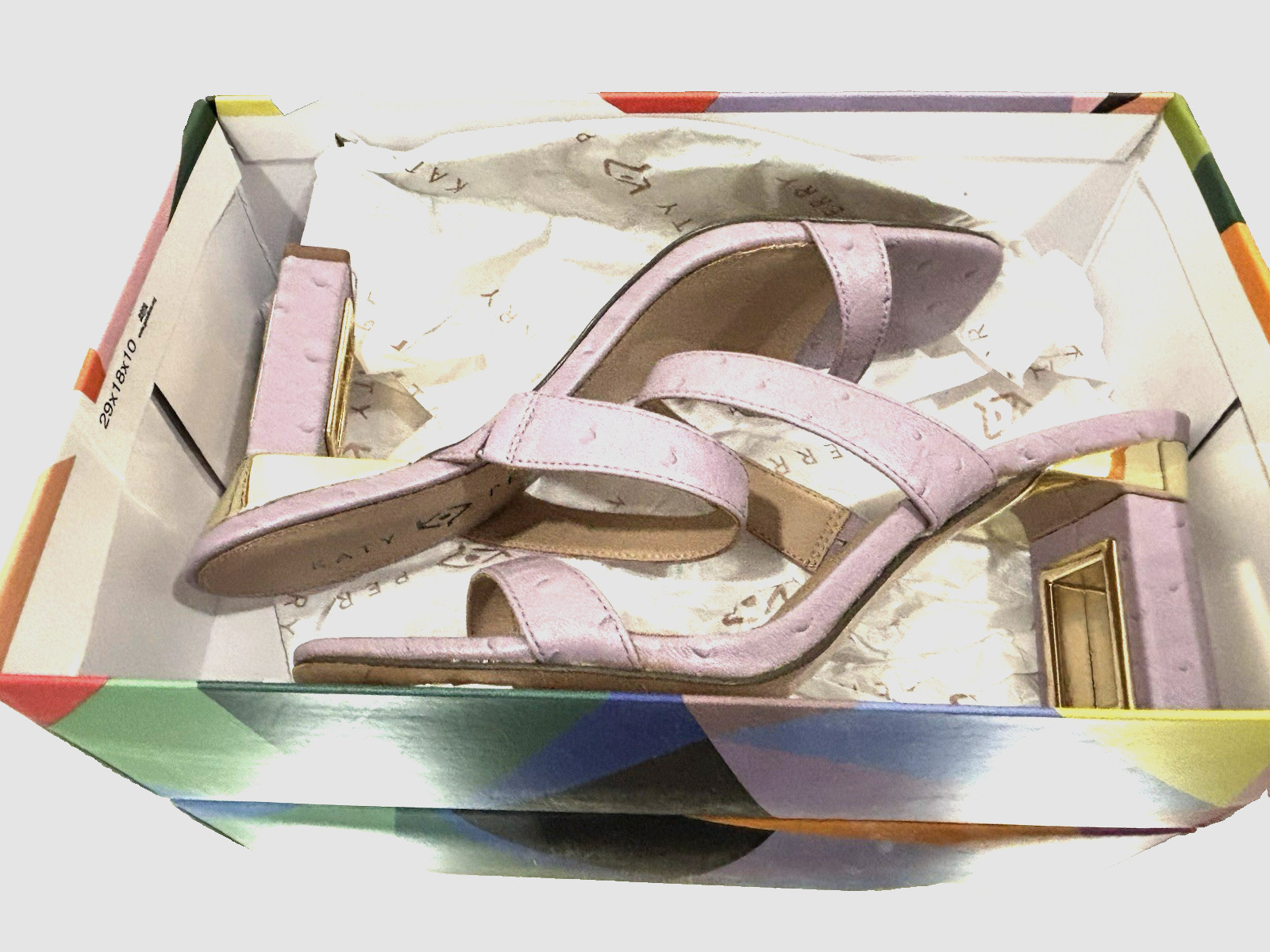 Katy Perry Lavender/Gold Metallic Slip-On Open Toe Block Heel Sandal 8.5M