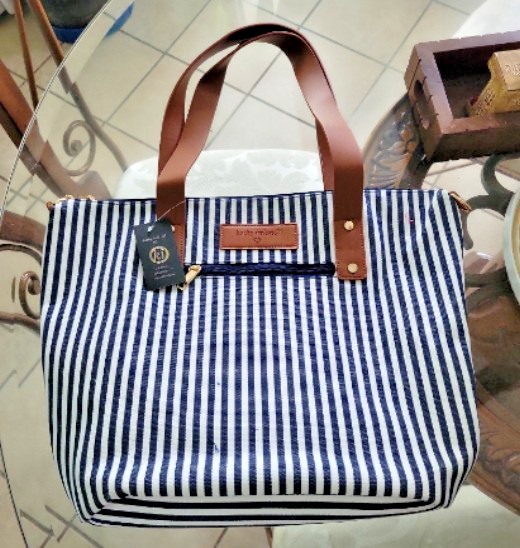 Kathy Ireland Canvas Tote Bag Navy White Striped Preppy Zip Top Beach Nautical