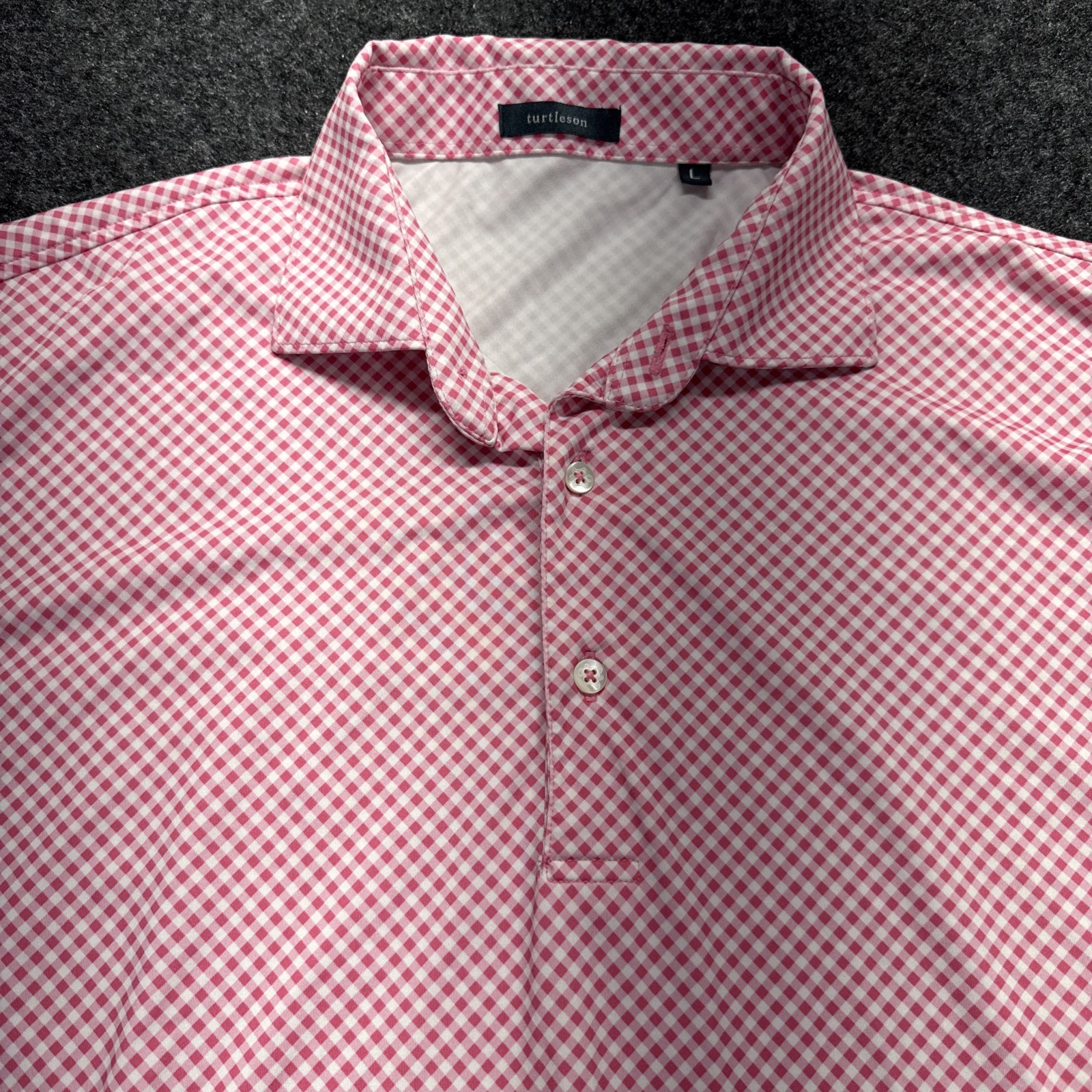 Turtleson Golf Polo Shirt Men’s L Pink White Checked 3 Button Placket Polyester