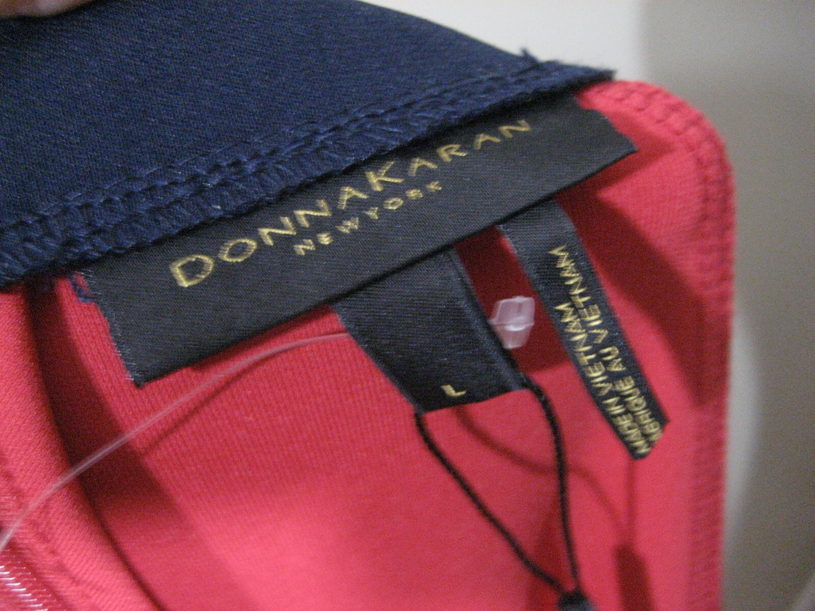 NWT! DONNA KARAN Red Navy Stitch Pocket Asymmetric Hem Marine Batik Dress Sz L