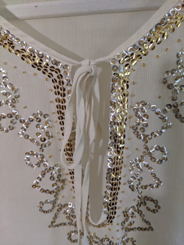 Lane Bryant 26/28 Ivory Sequin Beaded Tunic Blouse Long Sleeve Boho Peasant Top