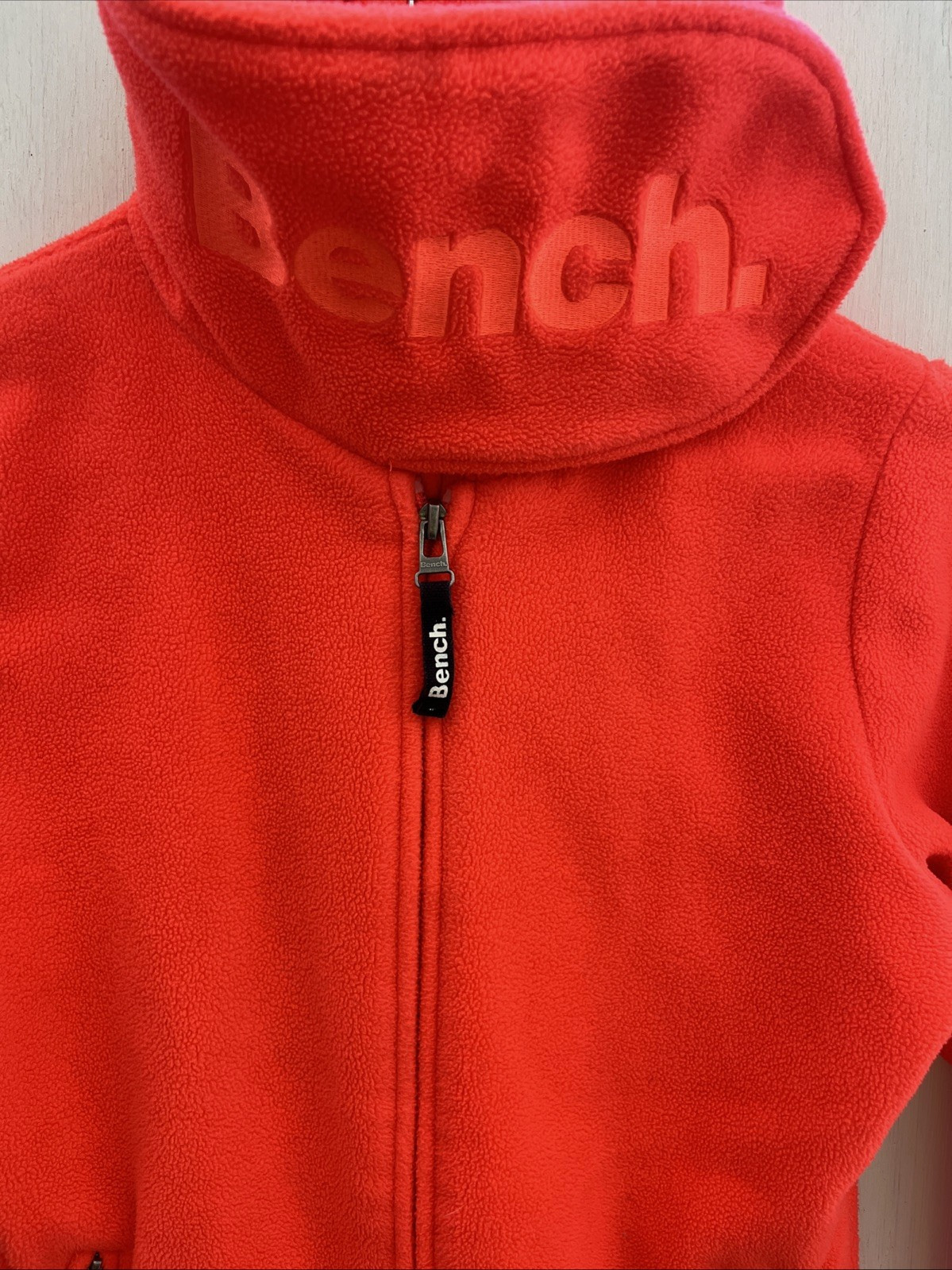 BENCH Vibrant Orange Logo Mock Neck Full Zip Fleece Jacket Pockets Women Size M