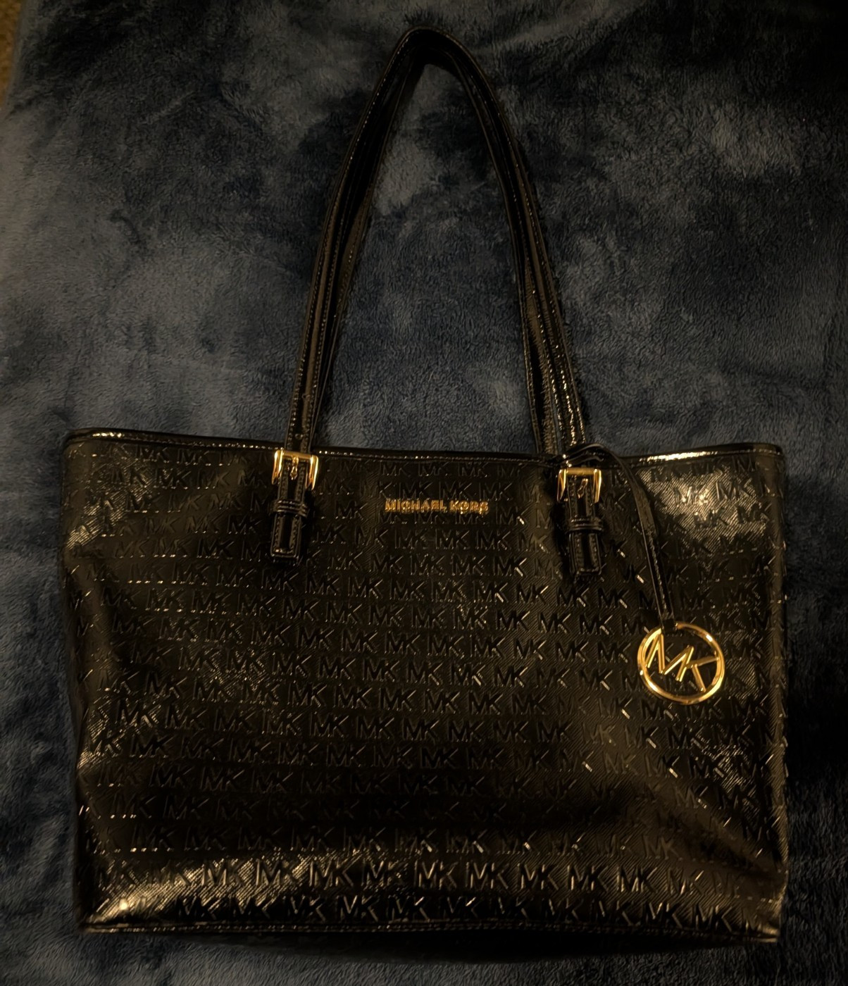 Michael Kors Black Monogram Large Tote Bag Zip Closure Gold-Tone Charm Lined