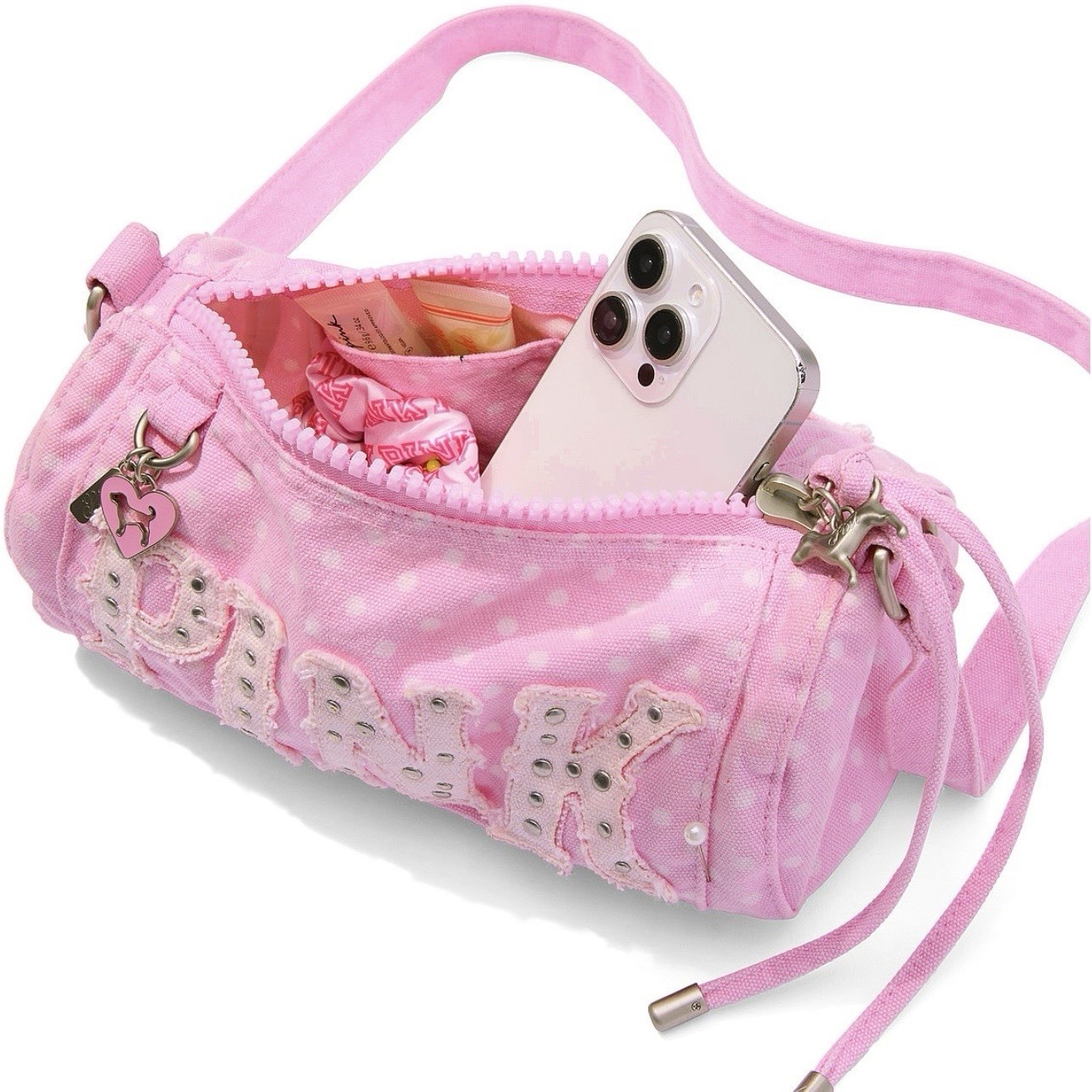 VS PINK CANVAS CLASSIC PINK DOT ROLLED DUFFLE SHOULDER STYLE BAG NEW WITH TAGS!!