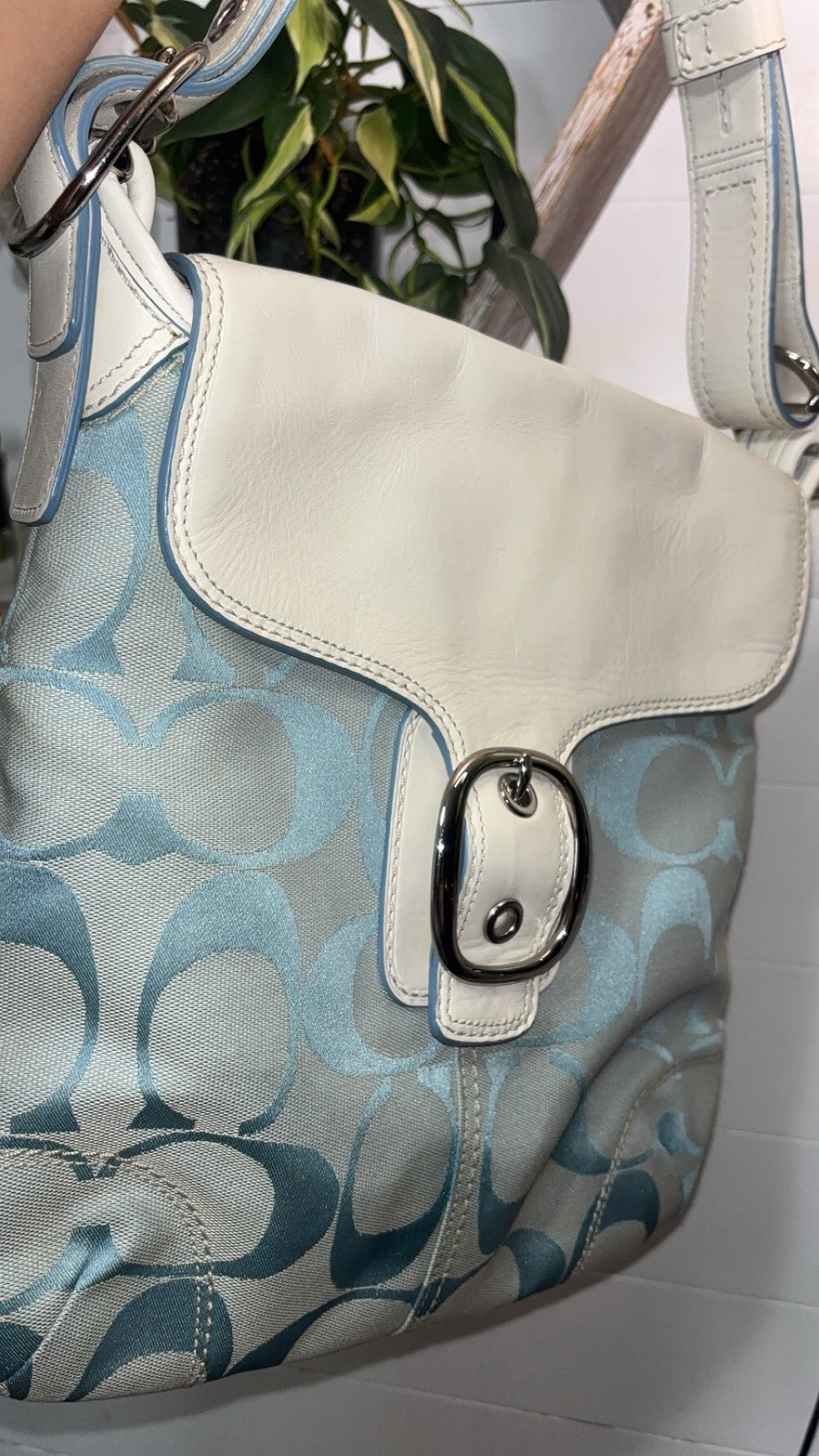 COACH Y2K Signature Canvas Leather Shoulder Pochette Bag White Blue Authentic