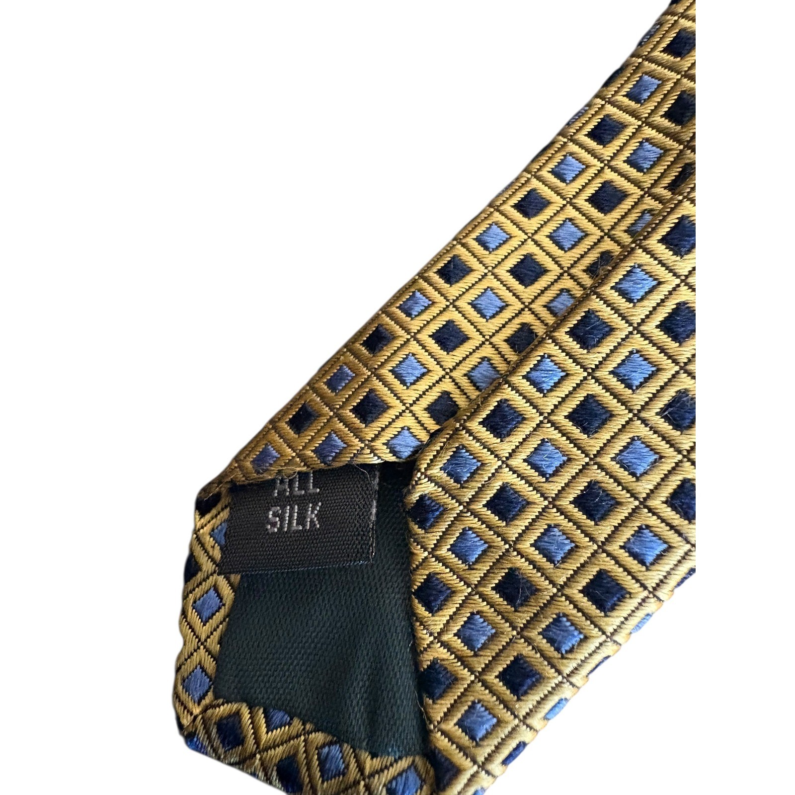 Corporate Image for Tom James 100% Silk Tie Gold Blue Geometric Diamond Pattern