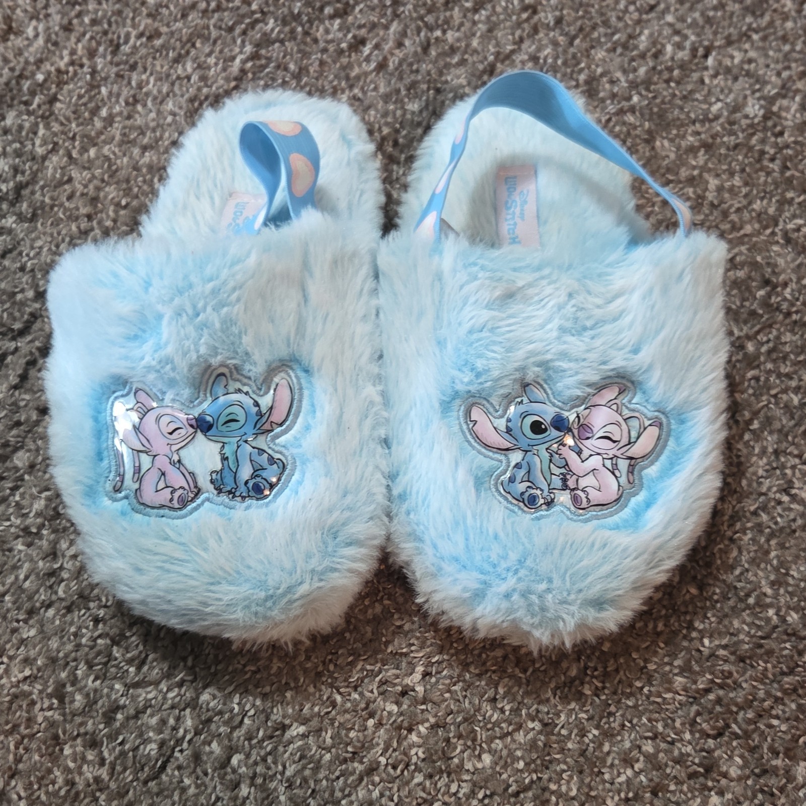 Disney Lilo & Stitch Stitch & Angel Girls Blue Faux Fur Non-Slip Slippers 11.5