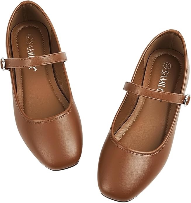 Mary Jane Flats Square Toe -Soft PU Brown Leather Ballet Shoes Slip On US 7