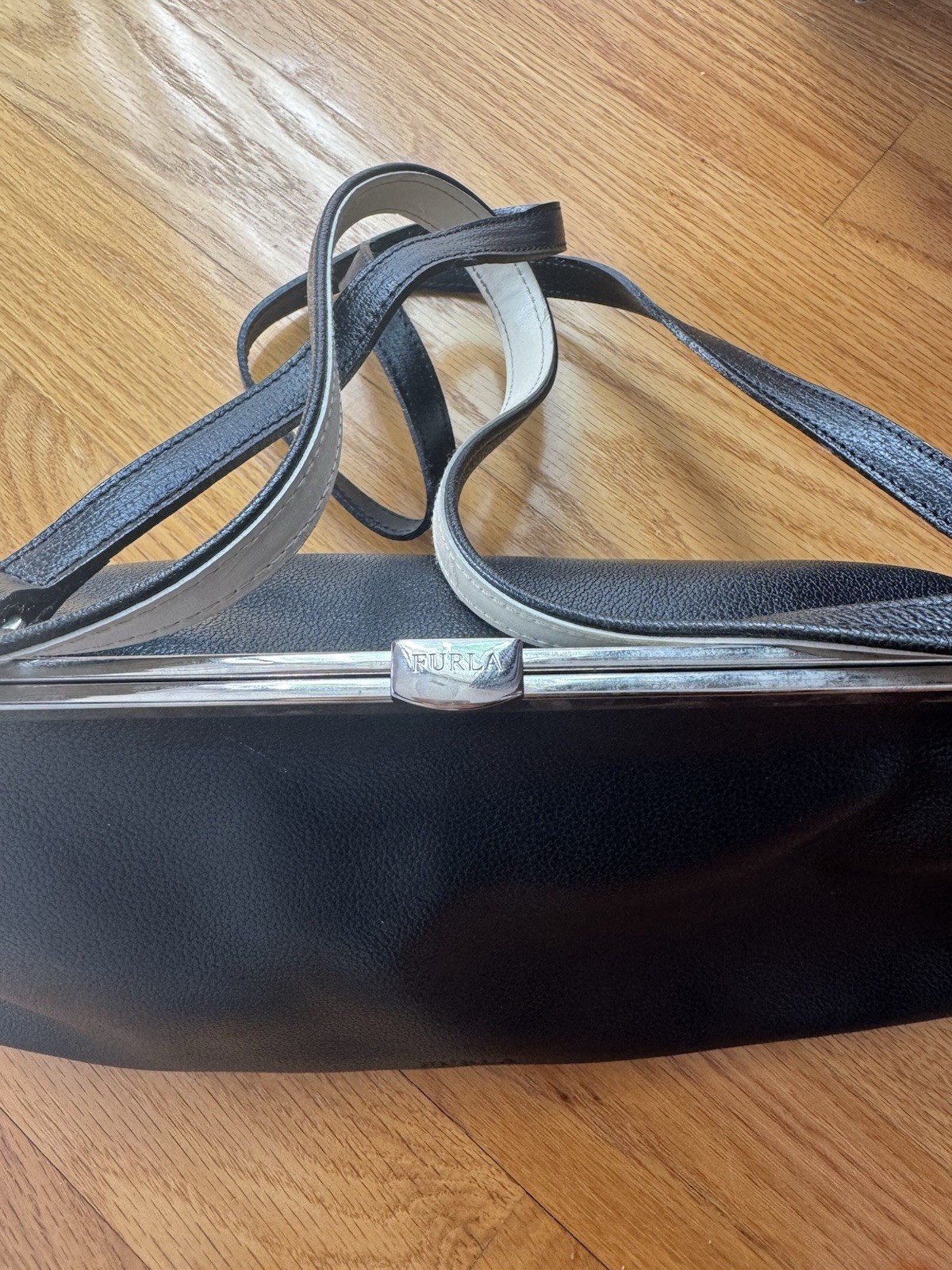 Furla Black/White Small Shoulder Bag Lock Frame Silver Hardware Strap Dust Bag