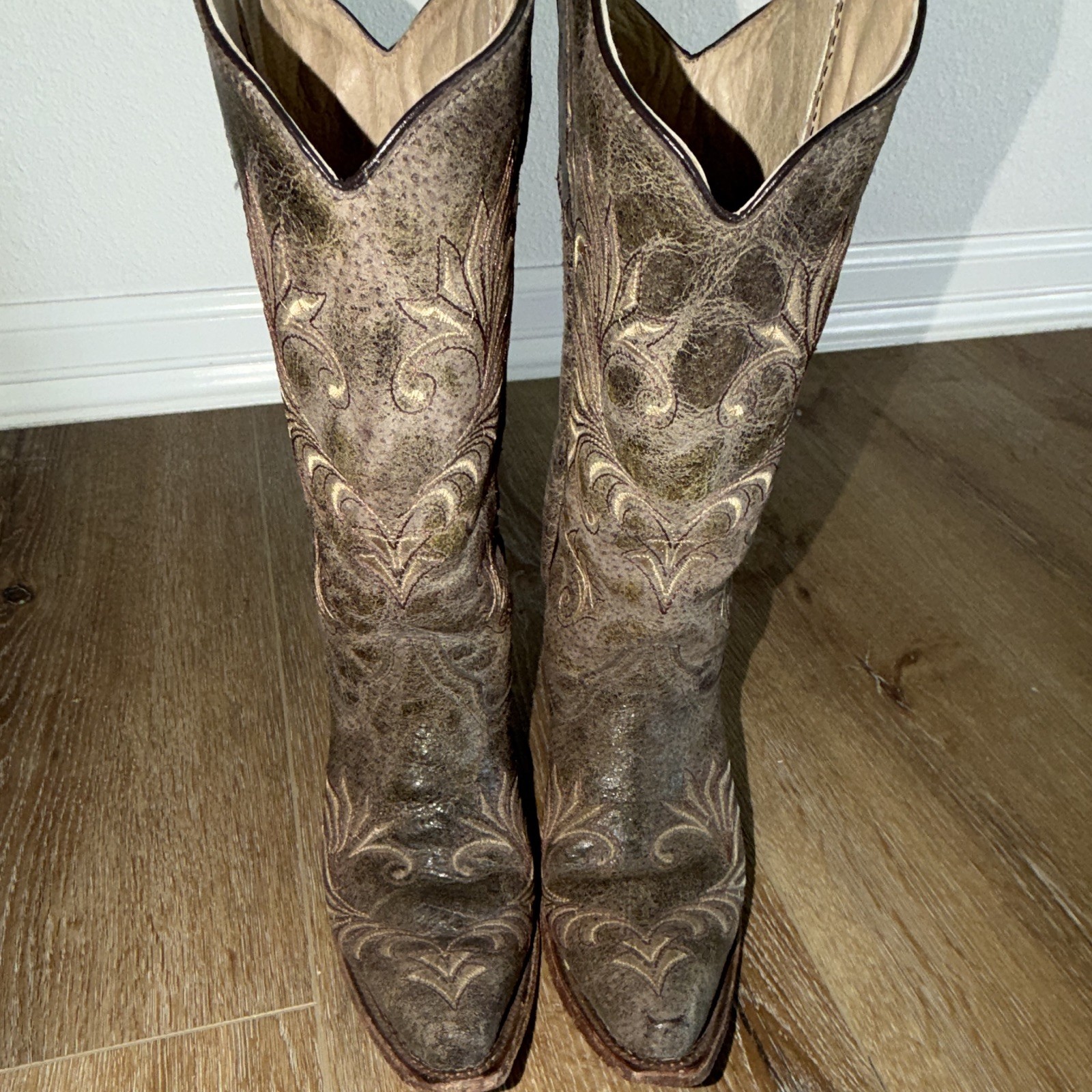 Circle G L5133 Women’s Western Pull-On Leather Boots Embroidered Brown/Beige 10M