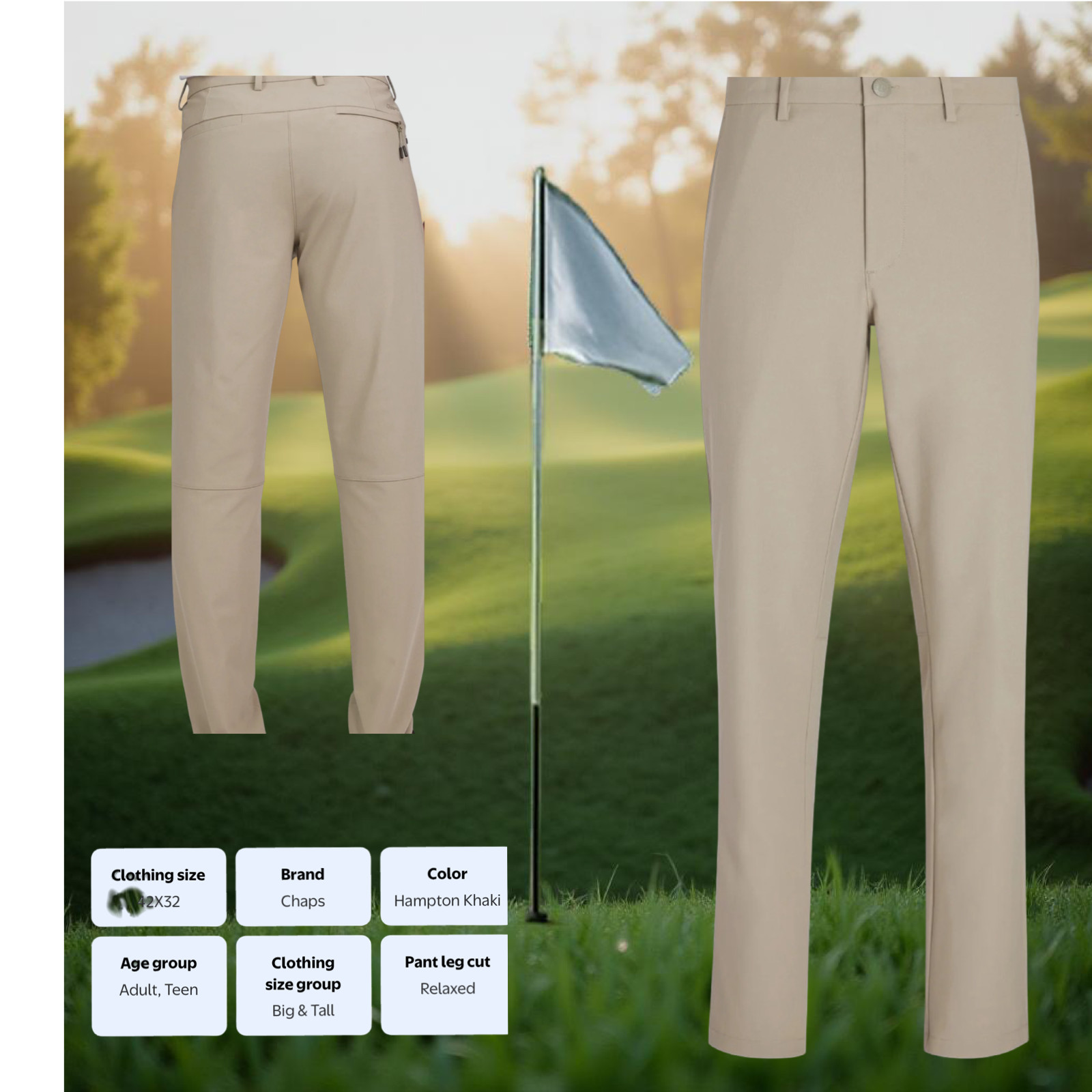 Chaps Golf Chino Pants Size 42×32 Moisture Wick ,Khaki, Slim Fit Tapered Leg NWT