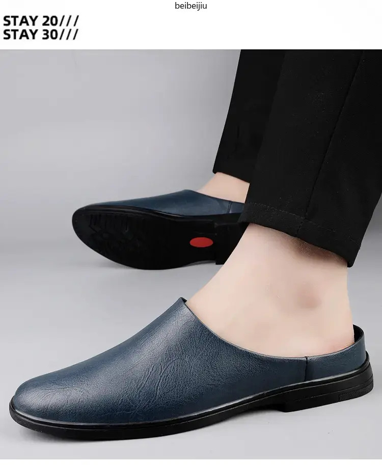 Men’s Flats Half Slippers Leather Casual Shoes Slip On Slides Mules Comfort Hot
