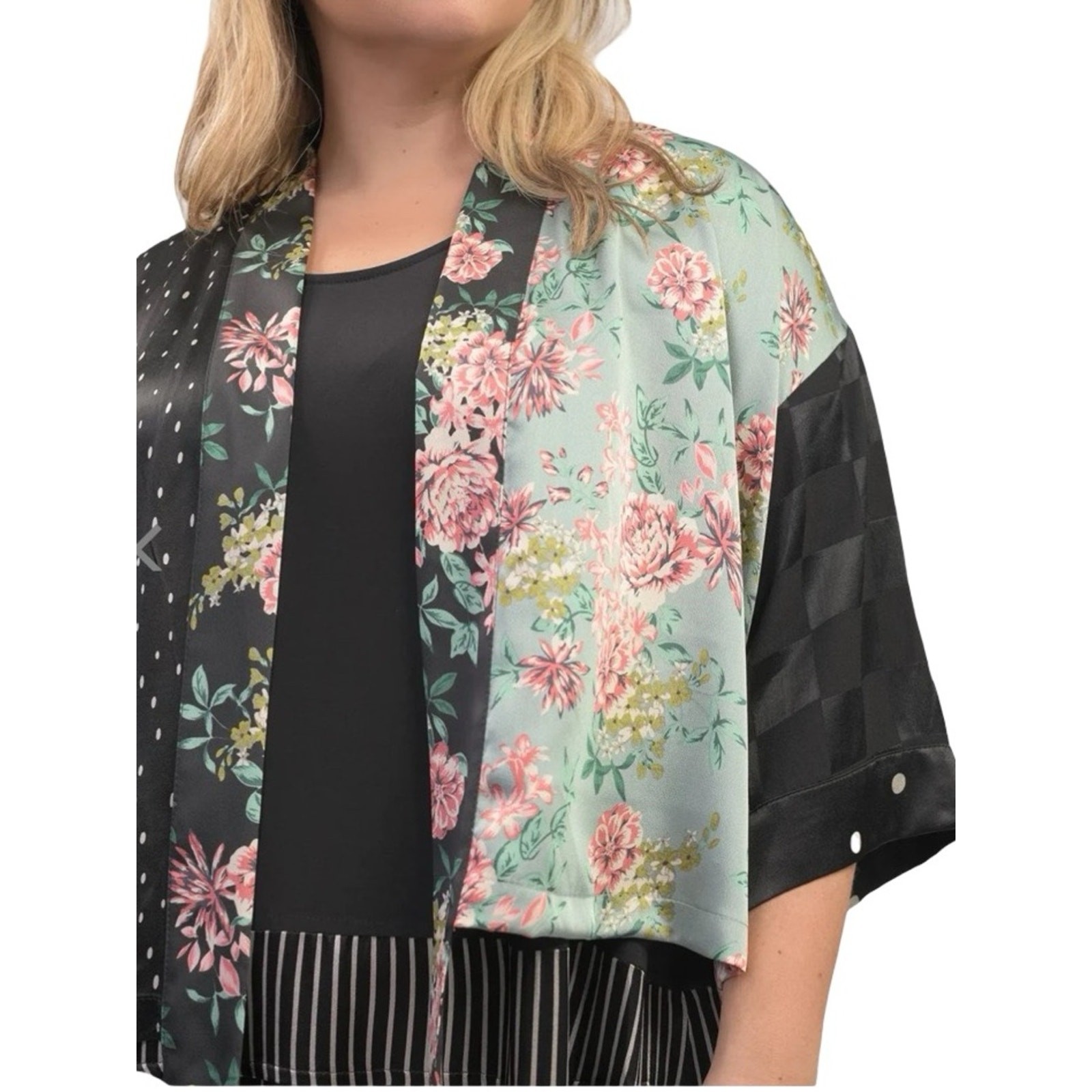 Alembika Layla Satin Kimono Toe Front Flowy Flowers Black Sz L