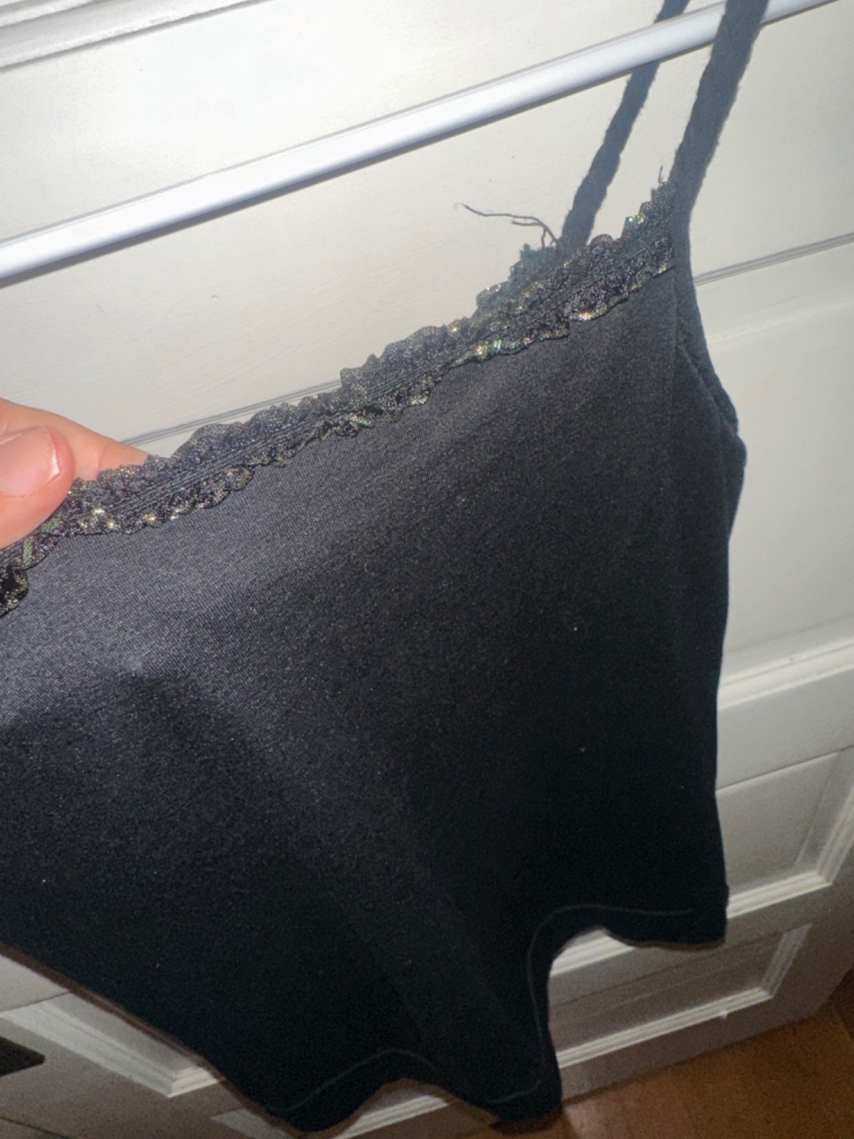 Black Lace Trim Metallic Shimmer Camisole Braided Spagetti Strap Tank Top