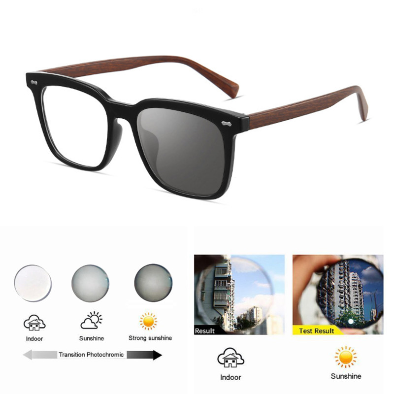 TR90 Photochromic Presbyopic Glasses Men Imitation Wood Square Sunglasses Reader