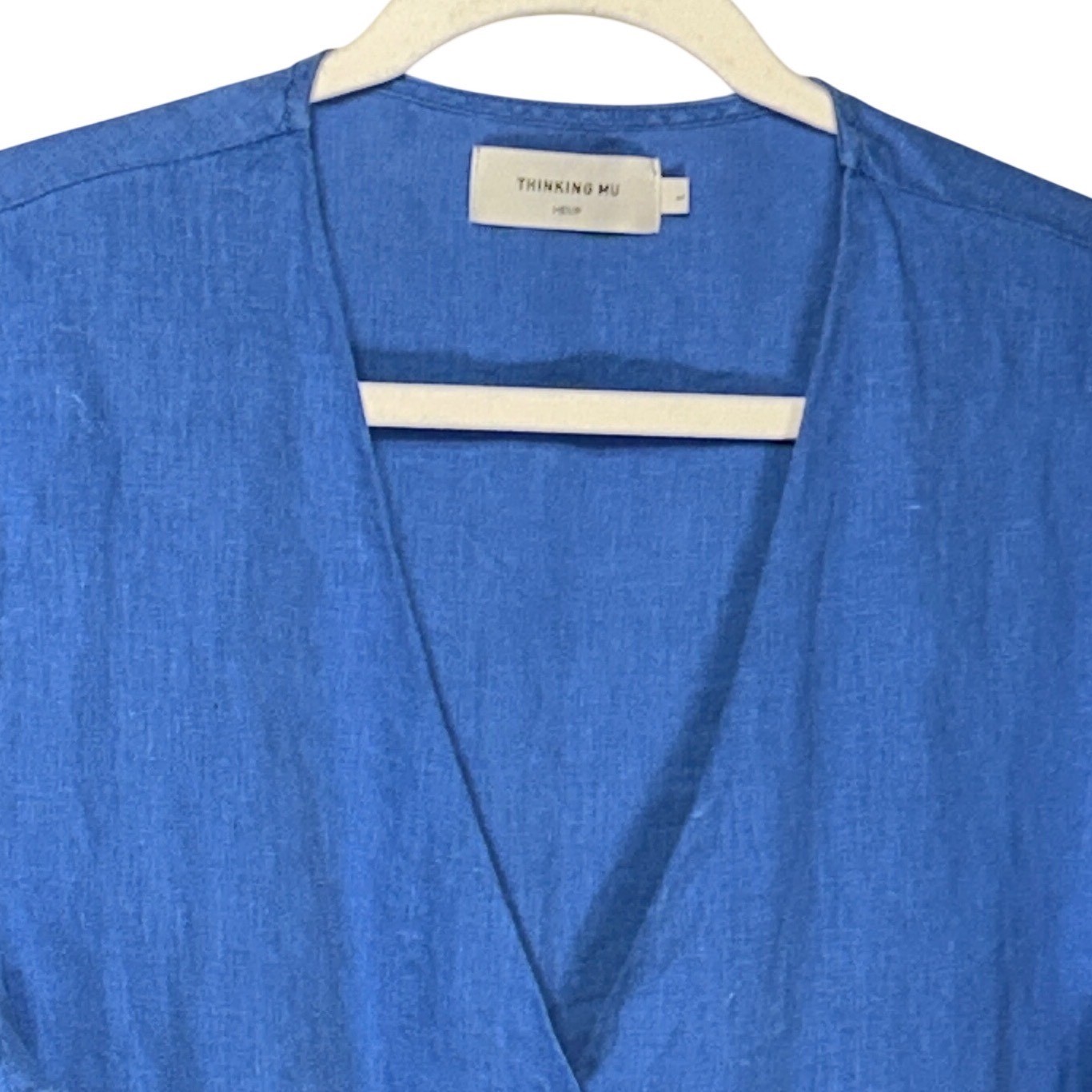 Thinking Mu Hemp Blue V-Neck Button Down Short Sleeve Blouse Size L Retail: $189