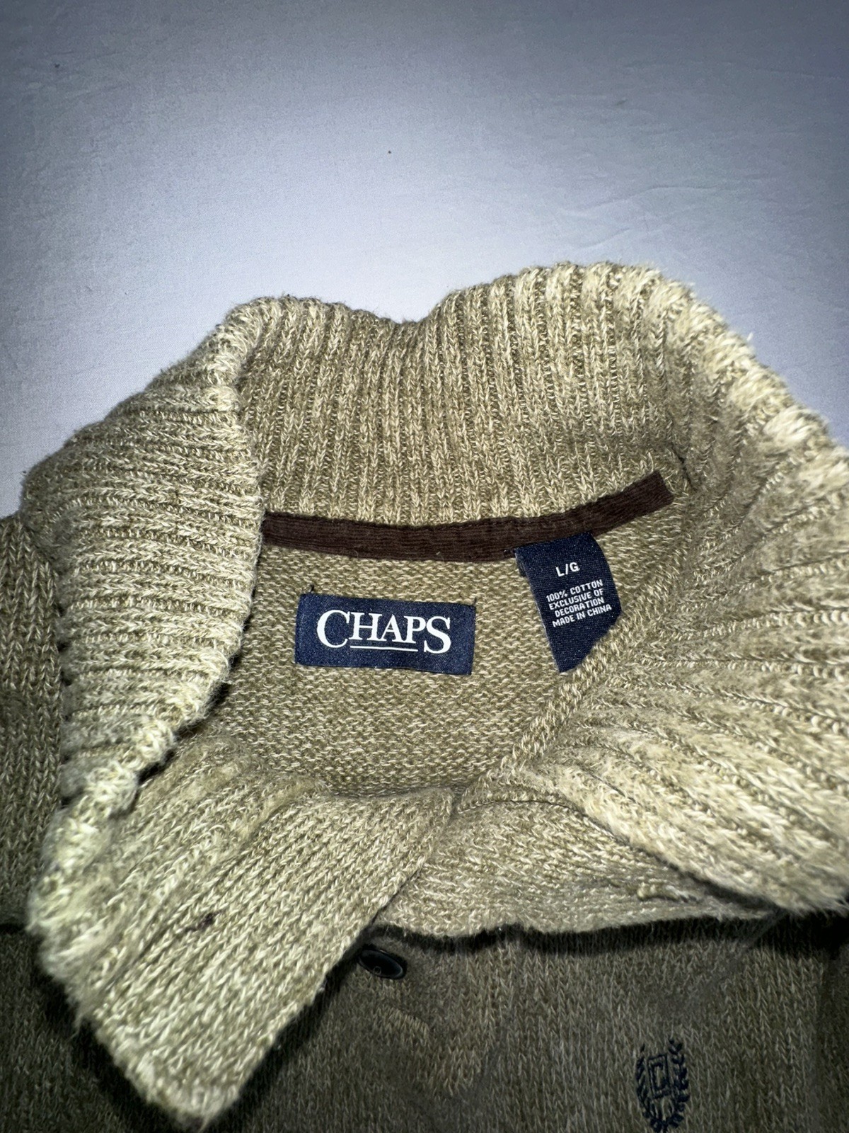 CHAPS Mens Lg Cardigan Sweater Cotton 3 Buttons Henley Elbow Pads Preppy Classic