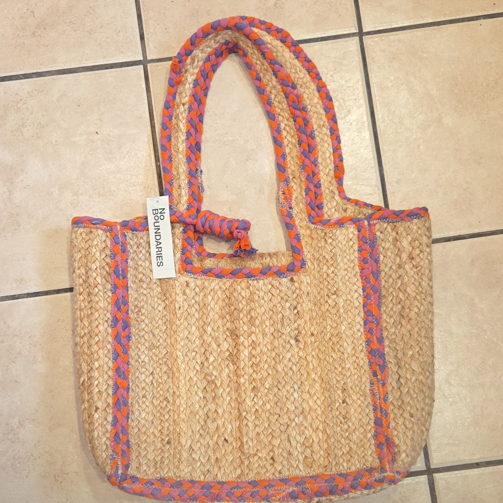 Women’s Woven Tote Bag Beige with Braided Trim Double Straw Handles Orange Pink