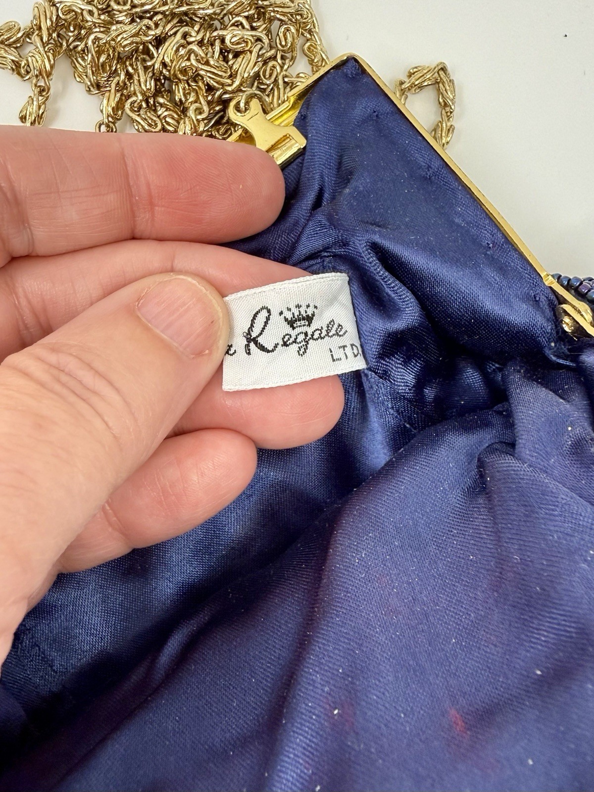 Le Regale Navy Blue Vintage Beaded Clutch Kiss Lock Gold Chain Strap